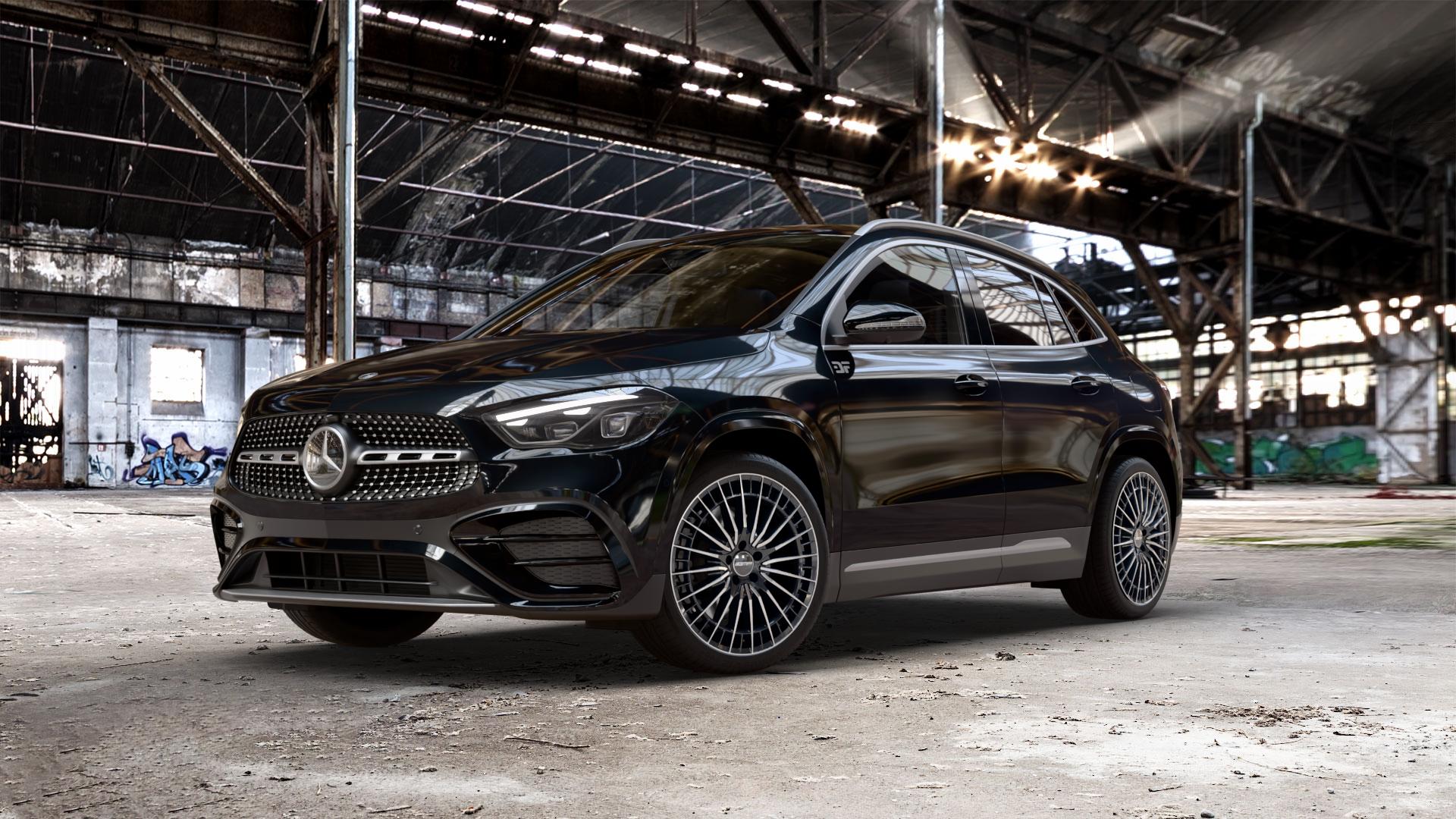 GMP Italia QSTAR Black Diamond Felge mit Reifen schwarz in 20Zoll Winterfelge Alufelge auf schwarzem metallic Mercedes GLA-Klasse Typ F2B Facelift ⬇️ mit 15mm Tieferlegung ⬇️ Old Industrial Hall_max_5300mm_2024 Frontansicht_1
