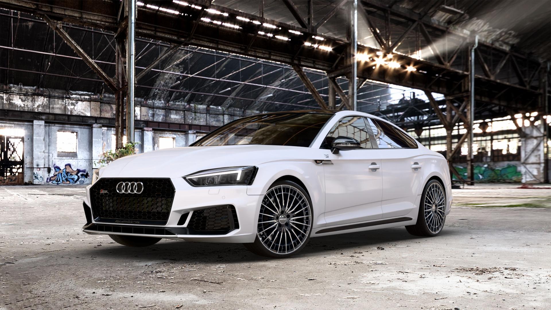 GMP Italia QSTAR Black Diamond Felge mit Reifen schwarz in 20Zoll Winterfelge Alufelge auf weissem Audi A5 Typ B9 (Sportback) 3,0l S5 TFSI quattro 260kW (354 PS) 2,9l RS5 331kW (450 TDI 255kW Mild-Hybrid (347 ⬇️ mit 15mm Tieferlegung ⬇️ Old Industrial Hall_max_5300mm_2024 Frontansicht_1
