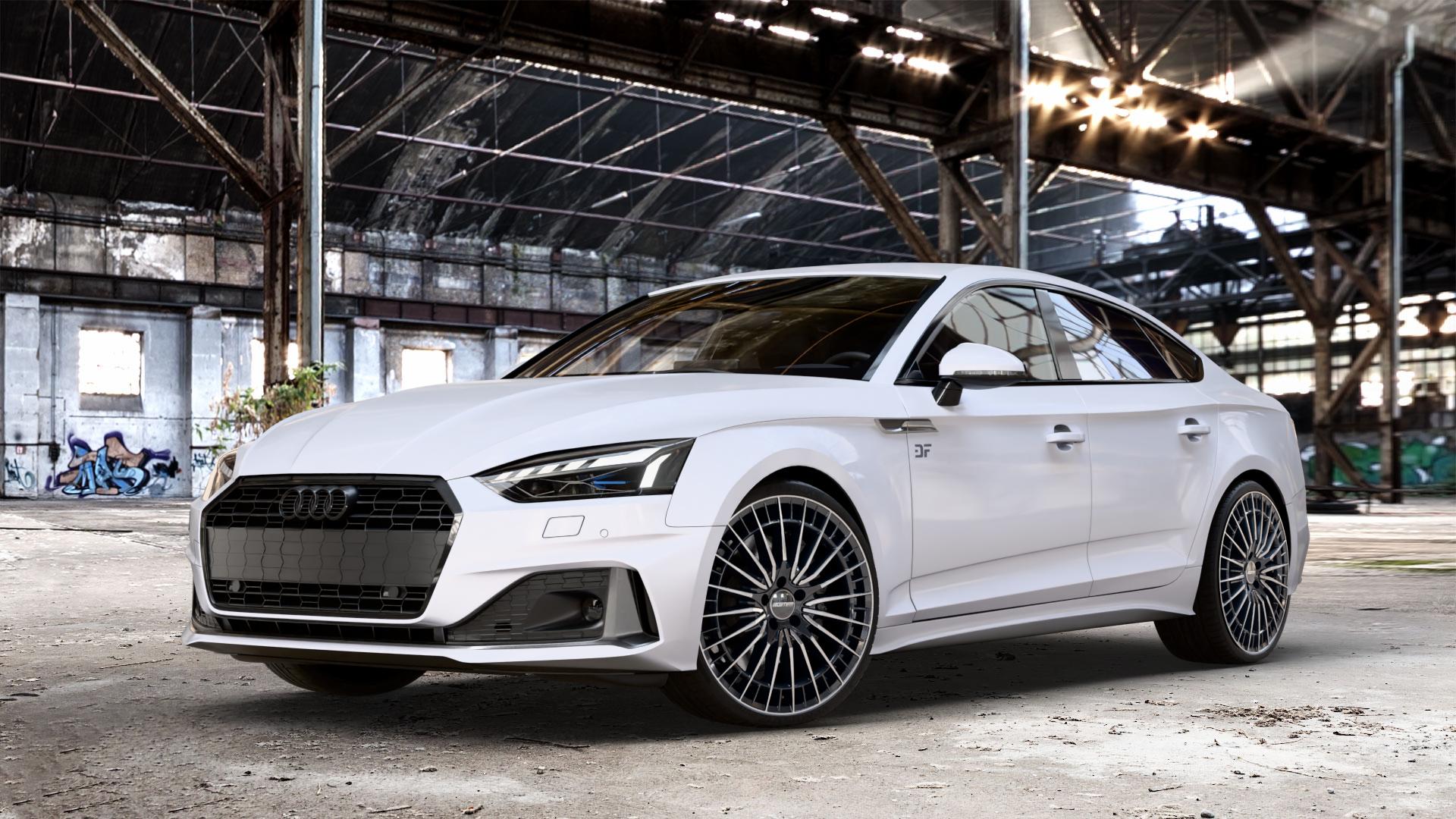 GMP Italia QSTAR Black Diamond Felge mit Reifen schwarz in 20Zoll Winterfelge Alufelge auf weissem Audi A5 Typ B9 (Sportback) Facelift ⬇️ mit 15mm Tieferlegung ⬇️ Old Industrial Hall_max_4400mm_2024 Frontansicht_1