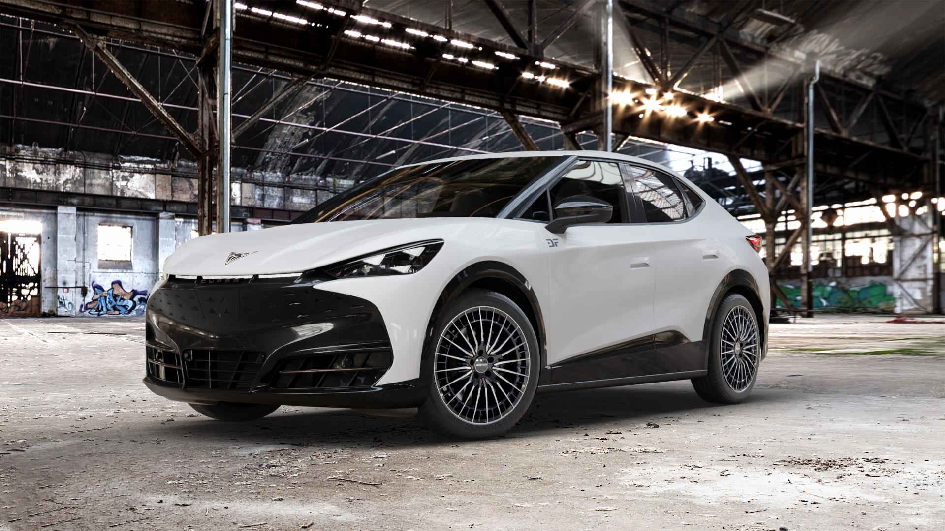 GMP Italia QSTAR Black Diamond Felge mit Reifen schwarz in 20Zoll Winterfelge Alufelge auf weissem Cupra Tavascan Typ KR ⬇️ mit 15mm Tieferlegung ⬇️ Old Industrial Hall_max_5300mm_2024 Frontansicht_1