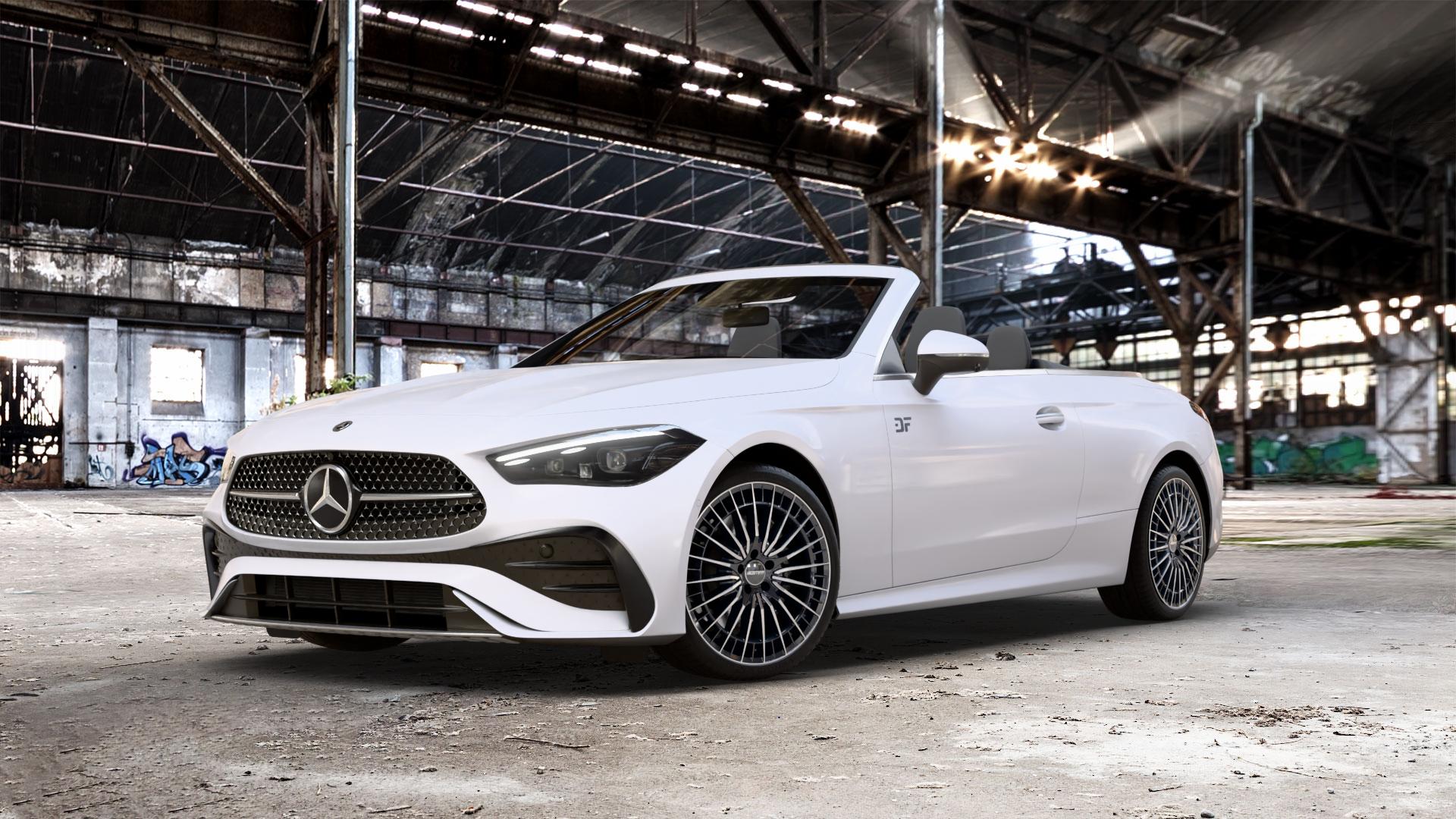 GMP Italia QSTAR Black Diamond Felge mit Reifen schwarz in 20Zoll Winterfelge Alufelge auf weissem Mercedes CLE Typ C236 Cabrio 2,0l 180 125kW Mild-Hybrid (170 PS) 200 150kW (204 4Matic 220d 145kW (197 300 190kW (258 3,0l 450 280kW (381 AMG 53 330kW (449 ⬇️ mit 15mm Tieferlegung ⬇️ Old Industrial Hall_max_5300mm_2024 Frontansicht_1
