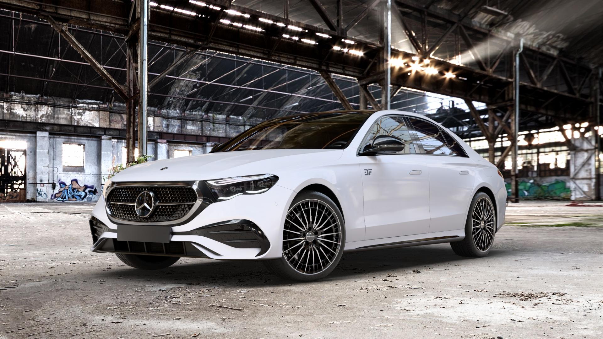 GMP Italia QSTAR Black Diamond Felge mit Reifen schwarz in 20Zoll Winterfelge Alufelge auf weissem Mercedes E-Klasse Typ W214 Limousine (R2EW) ⬇️ mit 15mm Tieferlegung ⬇️ Old Industrial Hall_max_5300mm_2024 Frontansicht_1