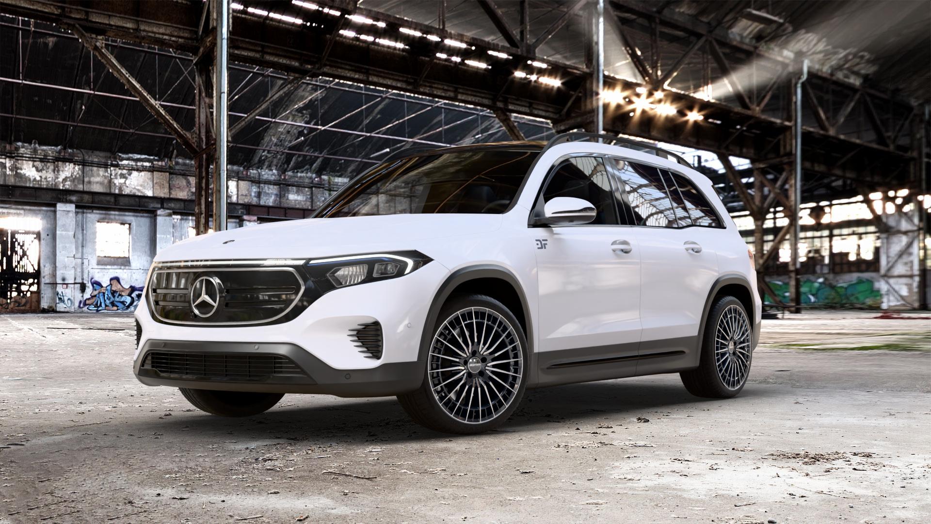 GMP Italia QSTAR Black Diamond Felge mit Reifen schwarz in 20Zoll Winterfelge Alufelge auf weissem Mercedes EQB Typ F2B Facelift 0,0l 300 4Matic 130kW (177 PS) 350 ⬇️ mit 15mm Tieferlegung ⬇️ Old Industrial Hall_max_5300mm_2024 Frontansicht_1