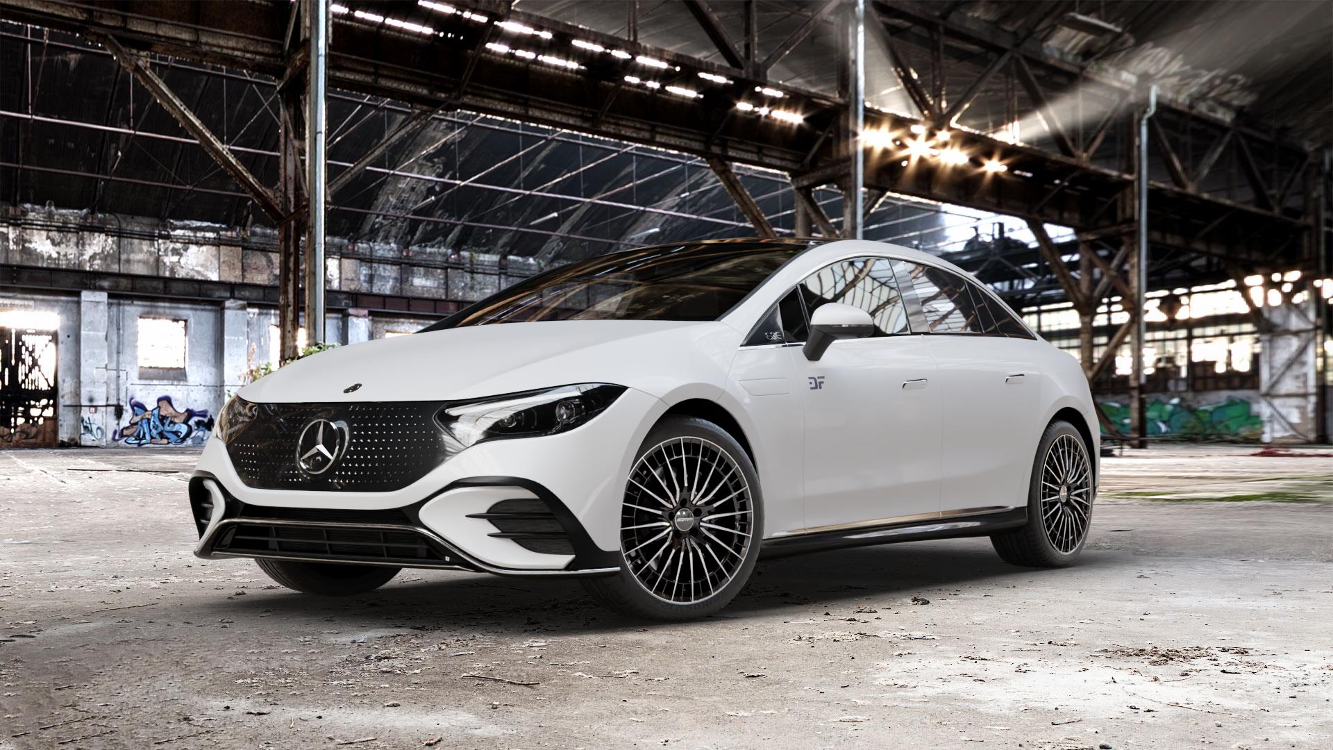 GMP Italia QSTAR Black Diamond Felge mit Reifen schwarz in 20Zoll Winterfelge Alufelge auf weissem Mercedes EQE Typ E2EQEW ⬇️ mit 15mm Tieferlegung ⬇️ Old Industrial Hall_max_5300mm_2024 Frontansicht_1