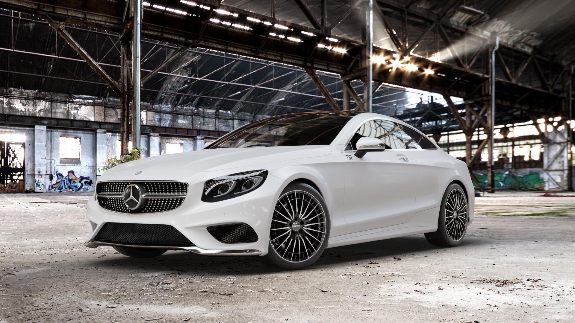 GMP Italia QSTAR Black Diamond Felge mit Reifen schwarz in 20Zoll Winterfelge Alufelge auf weissem Mercedes S-Klasse Typ C217 Facelift Coupe ⬇️ mit 15mm Tieferlegung ⬇️ Old Industrial Hall_max_5300mm_2024 Frontansicht_1