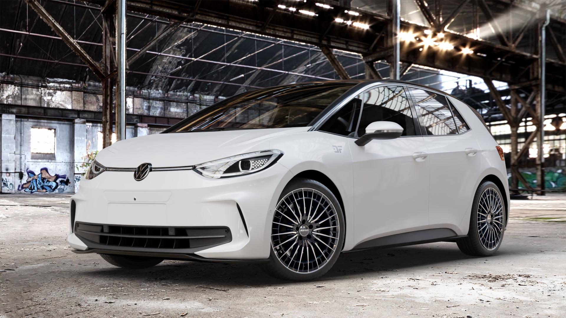 GMP Italia QSTAR Black Diamond Felge mit Reifen schwarz in 20Zoll Winterfelge Alufelge auf weissem Volkswagen (VW) ID.3 Facelift ⬇️ mit 15mm Tieferlegung ⬇️ Old Industrial Hall_max_4400mm_2024 Frontansicht_1