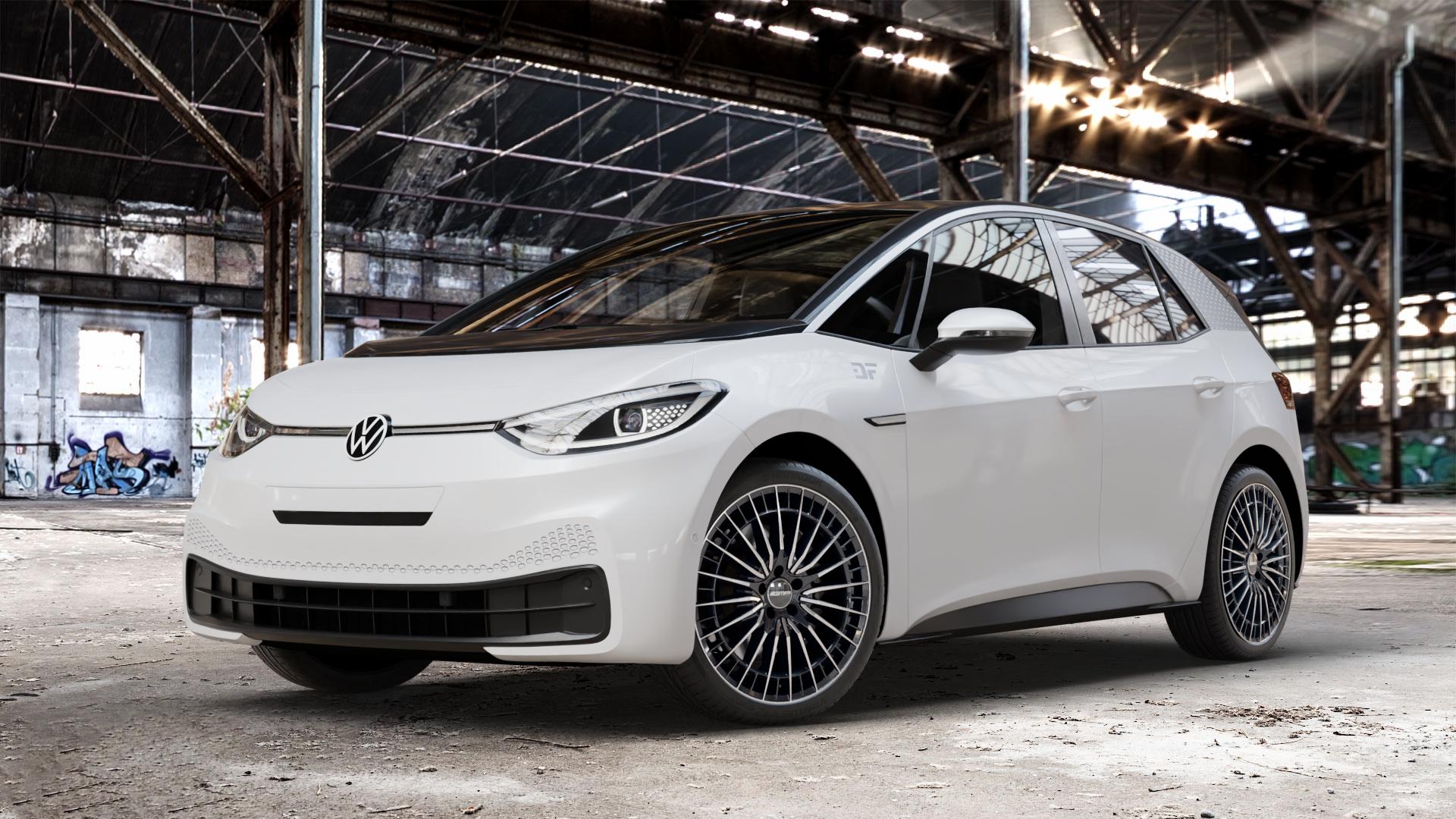 GMP Italia QSTAR Black Diamond Felge mit Reifen schwarz in 20Zoll Winterfelge Alufelge auf weissem Volkswagen (VW) ID.3 ⬇️ mit 15mm Tieferlegung ⬇️ Old Industrial Hall_max_4400mm_2024 Frontansicht_1