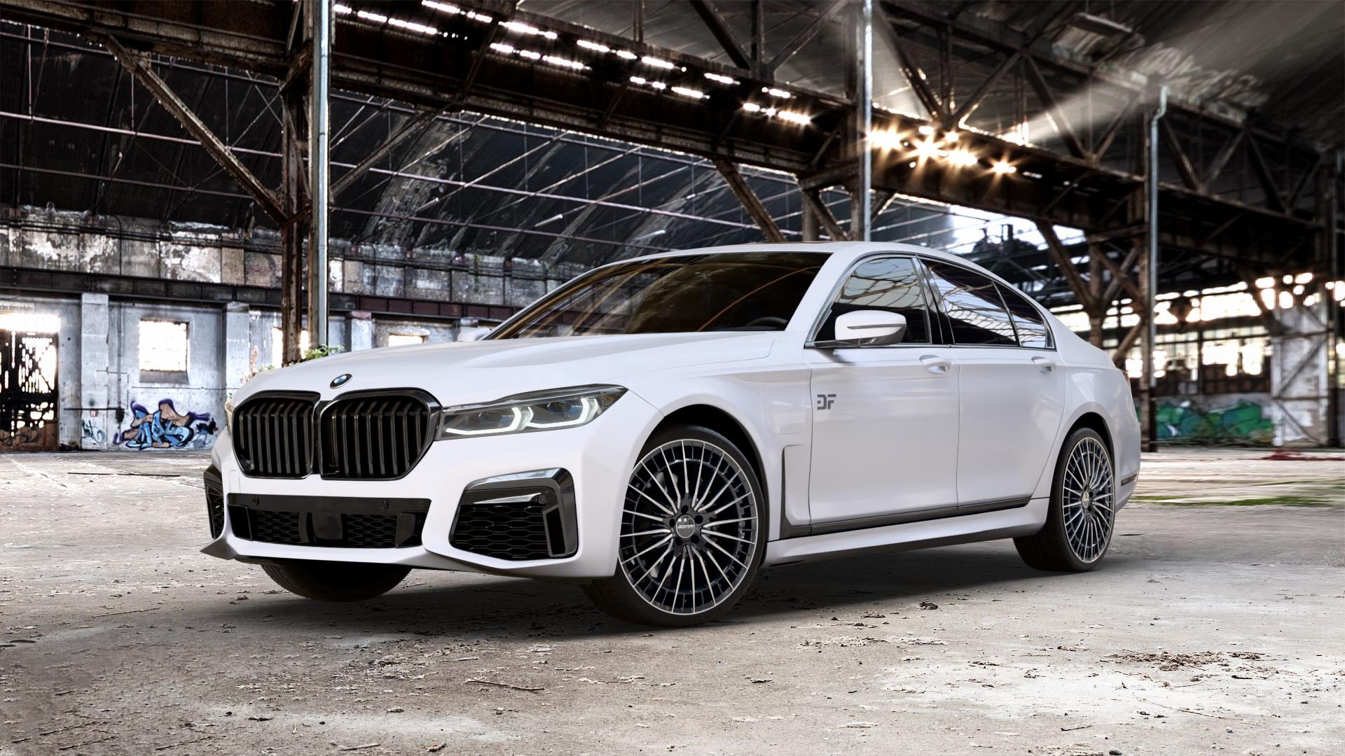GMP Italia QSTAR Black Diamond Felge mit Reifen schwarz in 21Zoll Winterfelge Alufelge auf weissem BMW 730i Typ G11 Facelift 740i 745e 750i xDrive 7er Limousine (7L) ⬇️ mit 15mm Tieferlegung ⬇️ Old Industrial Hall_max_5300mm_2024 Frontansicht_1