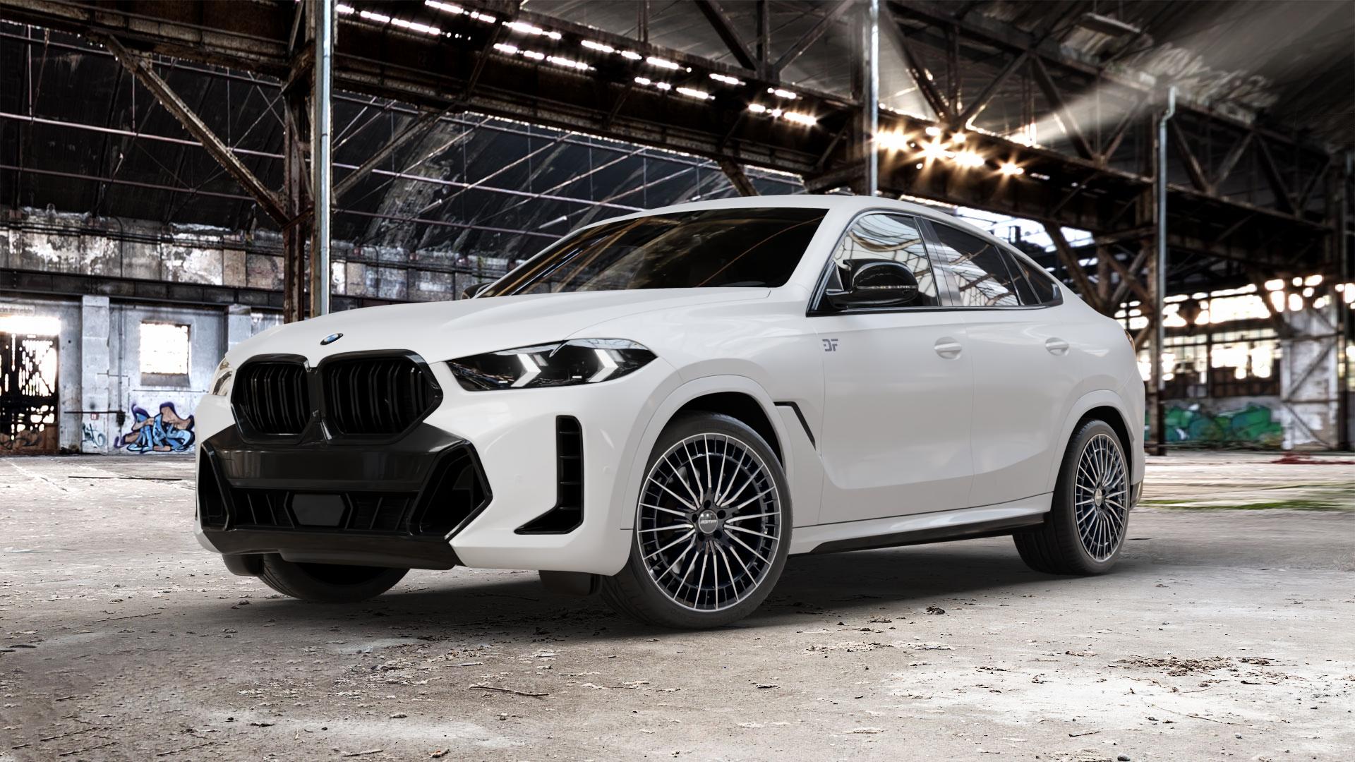 GMP Italia QSTAR Black Diamond Felge mit Reifen schwarz in 21Zoll Winterfelge Alufelge auf weissem BMW X6 Typ G06 (G6X) Facelift ⬇️ mit 15mm Tieferlegung ⬇️ Old Industrial Hall_max_5300mm_2024 Frontansicht_1