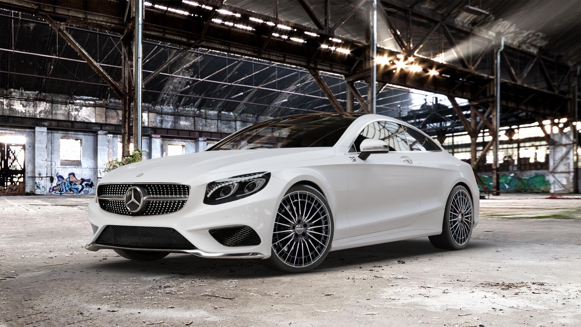 GMP Italia QSTAR Black Diamond Felge mit Reifen schwarz in 21Zoll Winterfelge Alufelge auf weissem Mercedes S-Klasse Typ C217 Facelift Coupe ⬇️ mit 15mm Tieferlegung ⬇️ Old Industrial Hall_max_5300mm_2024 Frontansicht_1