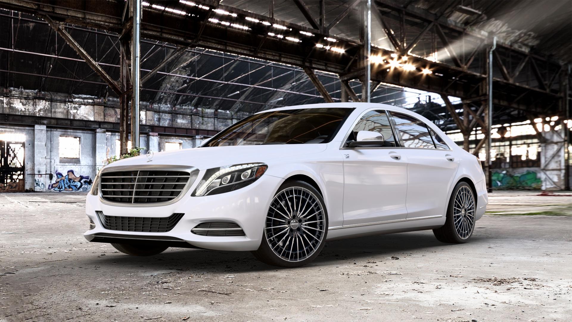 GMP Italia QSTAR Black Diamond Felge mit Reifen schwarz in 21Zoll Winterfelge Alufelge auf weissem Mercedes S-Klasse Typ W222 Facelift ⬇️ mit 15mm Tieferlegung ⬇️ Old Industrial Hall_max_5300mm_2024 Frontansicht_1