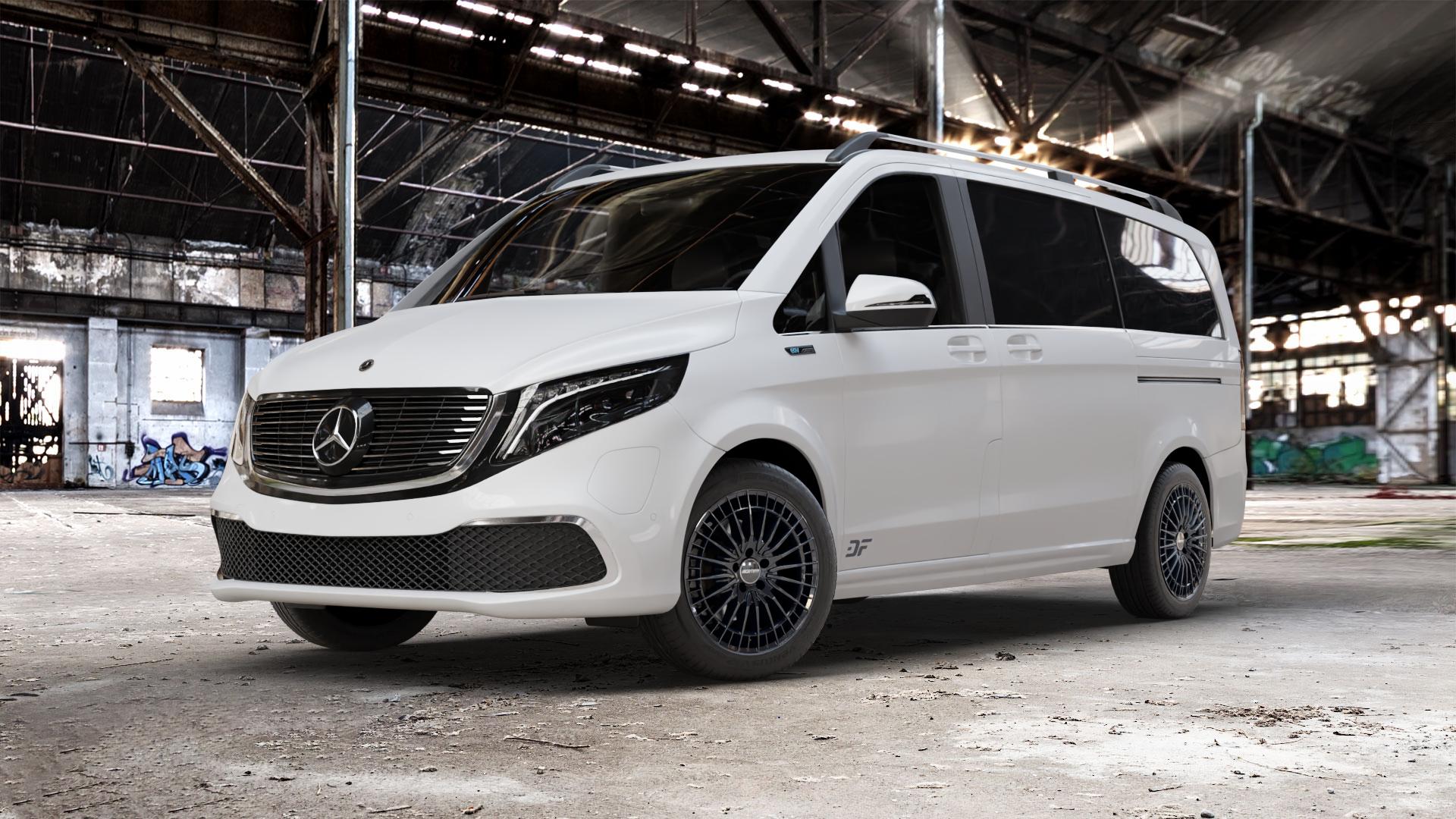 GMP Italia QSTAR Black glossy Felge mit Reifen schwarz in 18Zoll Winterfelge Alufelge auf weissem Mercedes EQV Typ 639/2 ⬇️ mit 15mm Tieferlegung ⬇️ Old Industrial Hall_max_5300mm_2024 Frontansicht_1