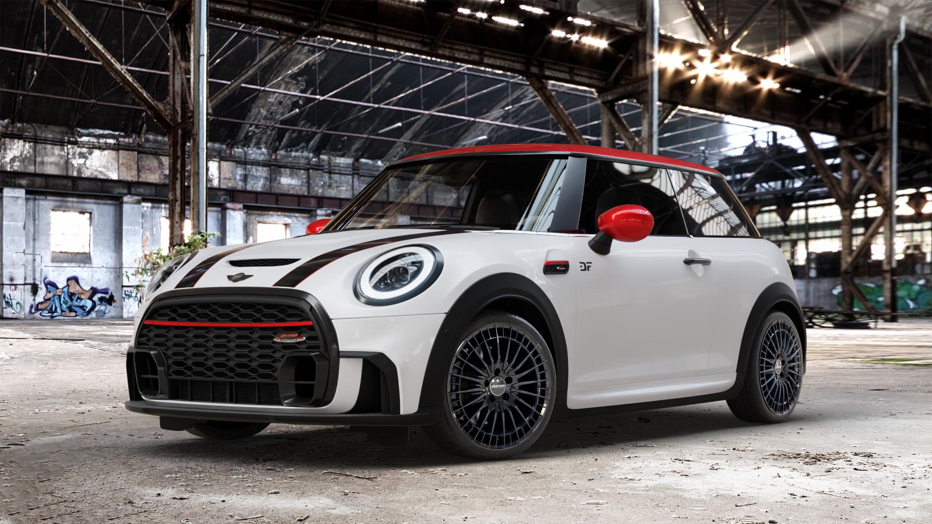 GMP Italia QSTAR Black glossy Felge mit Reifen schwarz in 18Zoll Winterfelge Alufelge auf weissem Mini F56 Typ FML2 (3-Türer Limousine) Facelift 21-> 2,0l Cooper S 131kW (178 PS) 120kW (163 JCW 170kW (231 ⬇️ mit 15mm Tieferlegung ⬇️ Old Industrial Hall_max_4400mm_2024 Frontansicht_1