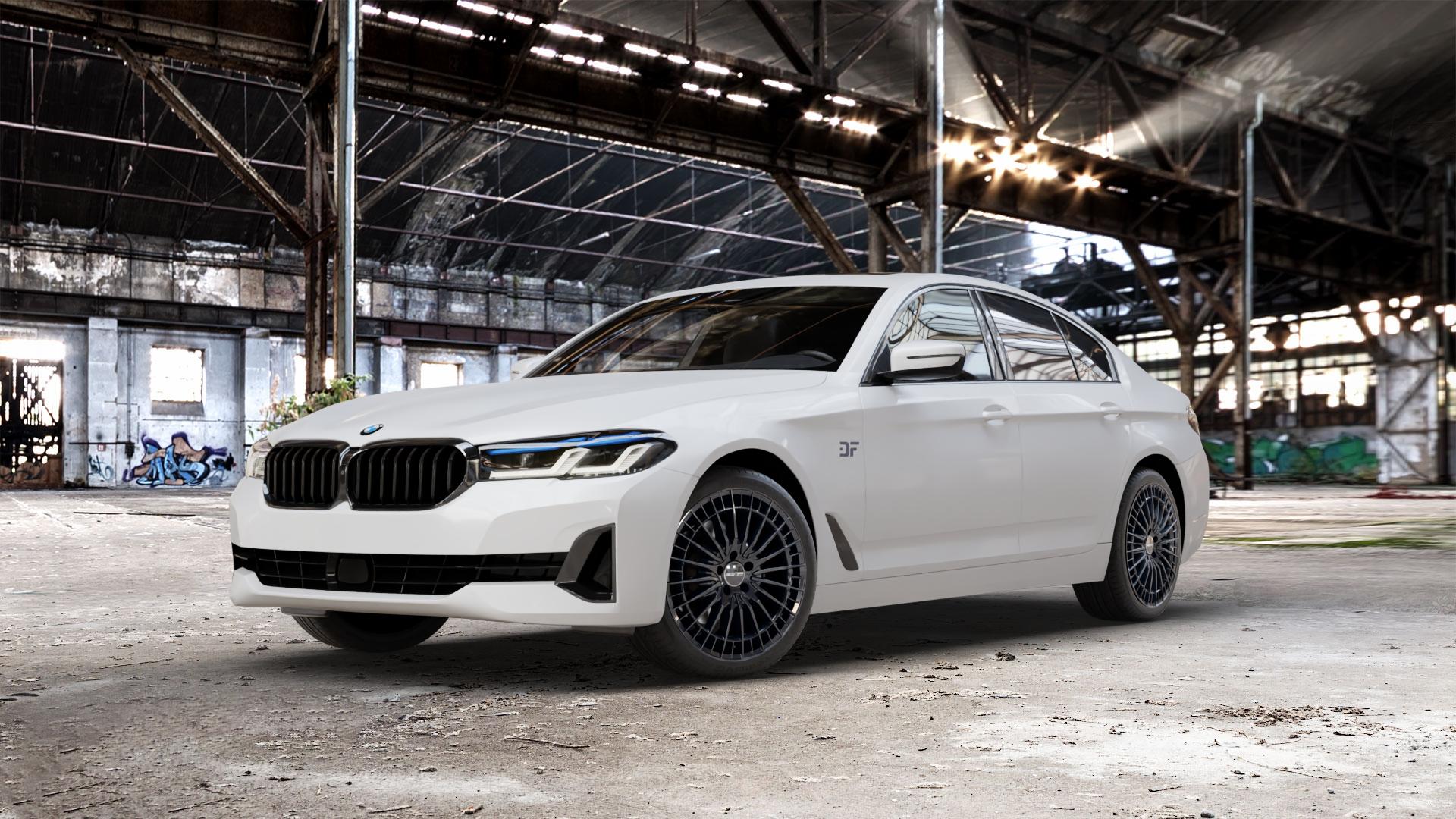GMP Italia QSTAR Black glossy Felge mit Reifen schwarz in 19Zoll Winterfelge Alufelge auf weissem BMW 5er G30 Limousine (G5L) Facelift ⬇️ mit 15mm Tieferlegung ⬇️ Old Industrial Hall_max_5300mm_2024 Frontansicht_1