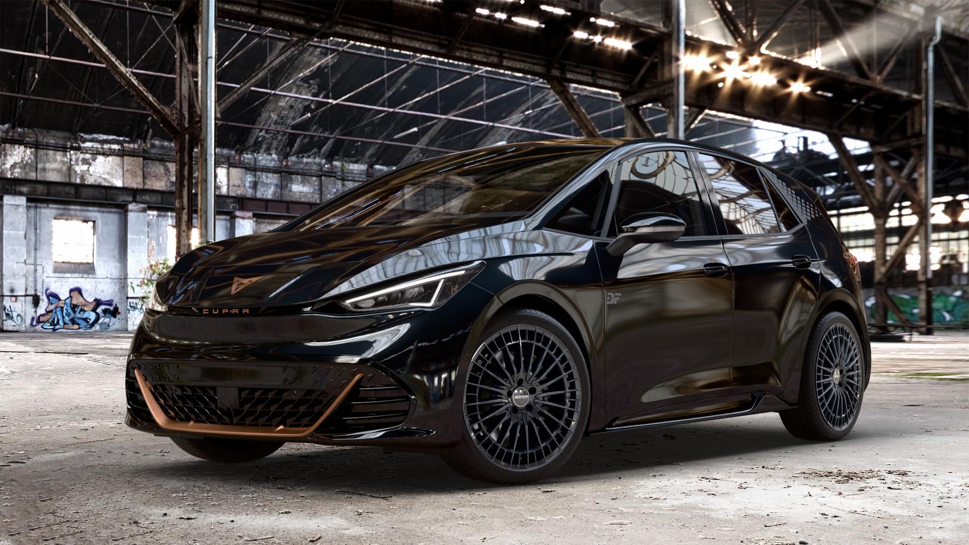GMP Italia QSTAR Black glossy Felge mit Reifen schwarz in 20Zoll Winterfelge Alufelge auf metallic schwarzem Cupra Born Typ K1 ⬇️ mit 15mm Tieferlegung ⬇️ Old Industrial Hall_max_4400mm_2024 Frontansicht_1