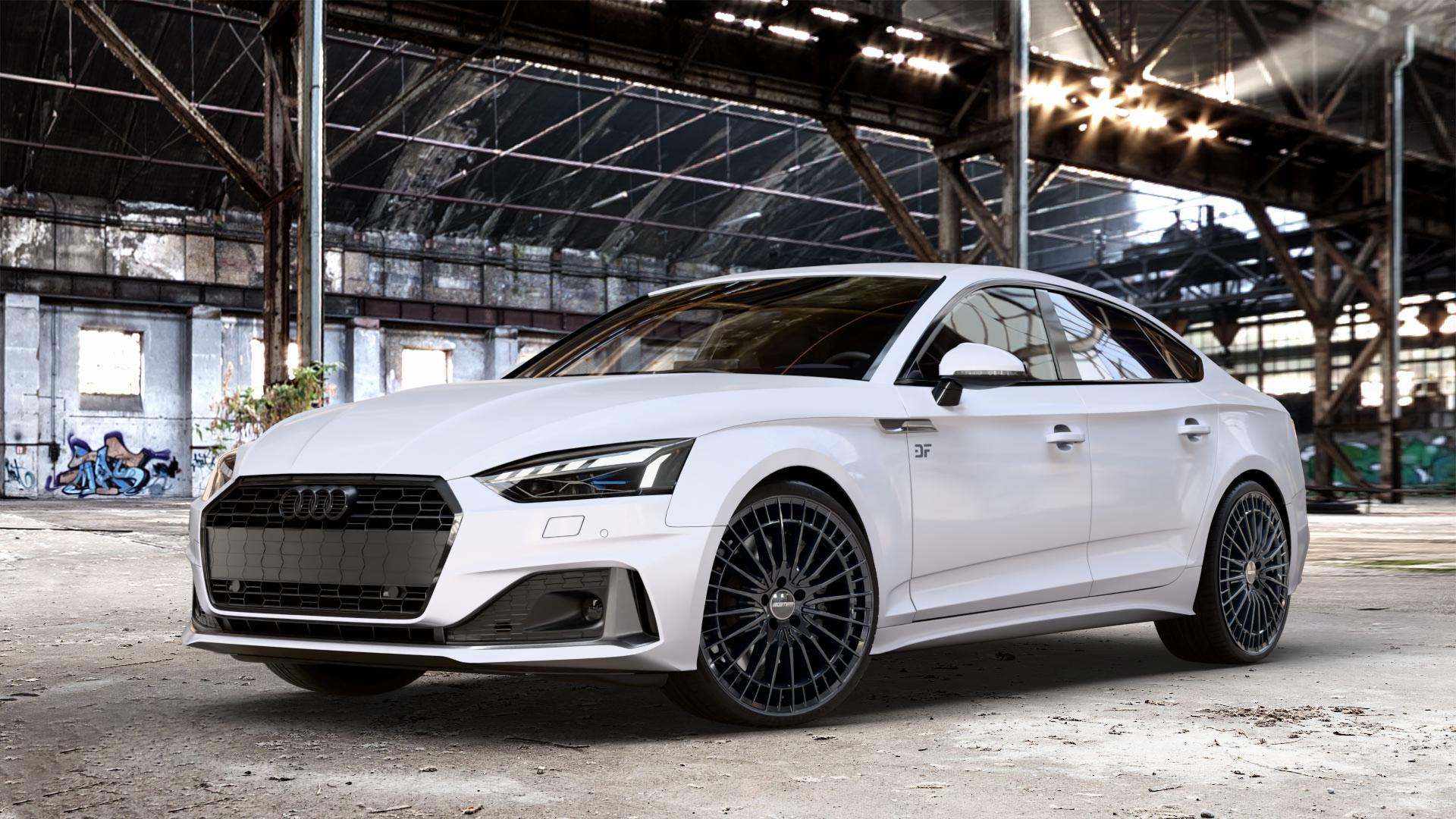 GMP Italia QSTAR Black glossy Felge mit Reifen schwarz in 20Zoll Winterfelge Alufelge auf weissem Audi A5 Typ B9 (Sportback) Facelift ⬇️ mit 15mm Tieferlegung ⬇️ Old Industrial Hall_max_4400mm_2024 Frontansicht_1