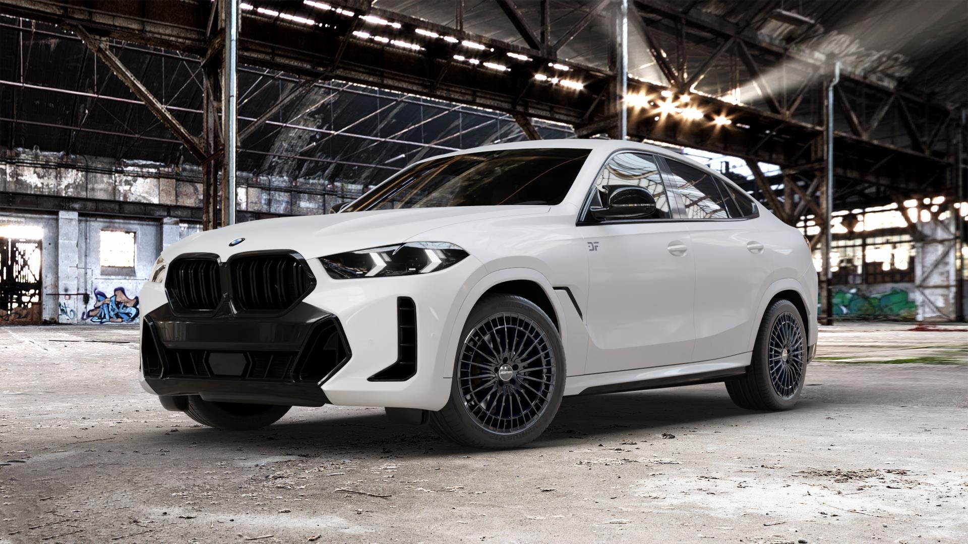 GMP Italia QSTAR Black glossy Felge mit Reifen schwarz in 20Zoll Winterfelge Alufelge auf weissem BMW X6 Typ G06 (G6X) Facelift ⬇️ mit 15mm Tieferlegung ⬇️ Old Industrial Hall_max_5300mm_2024 Frontansicht_1
