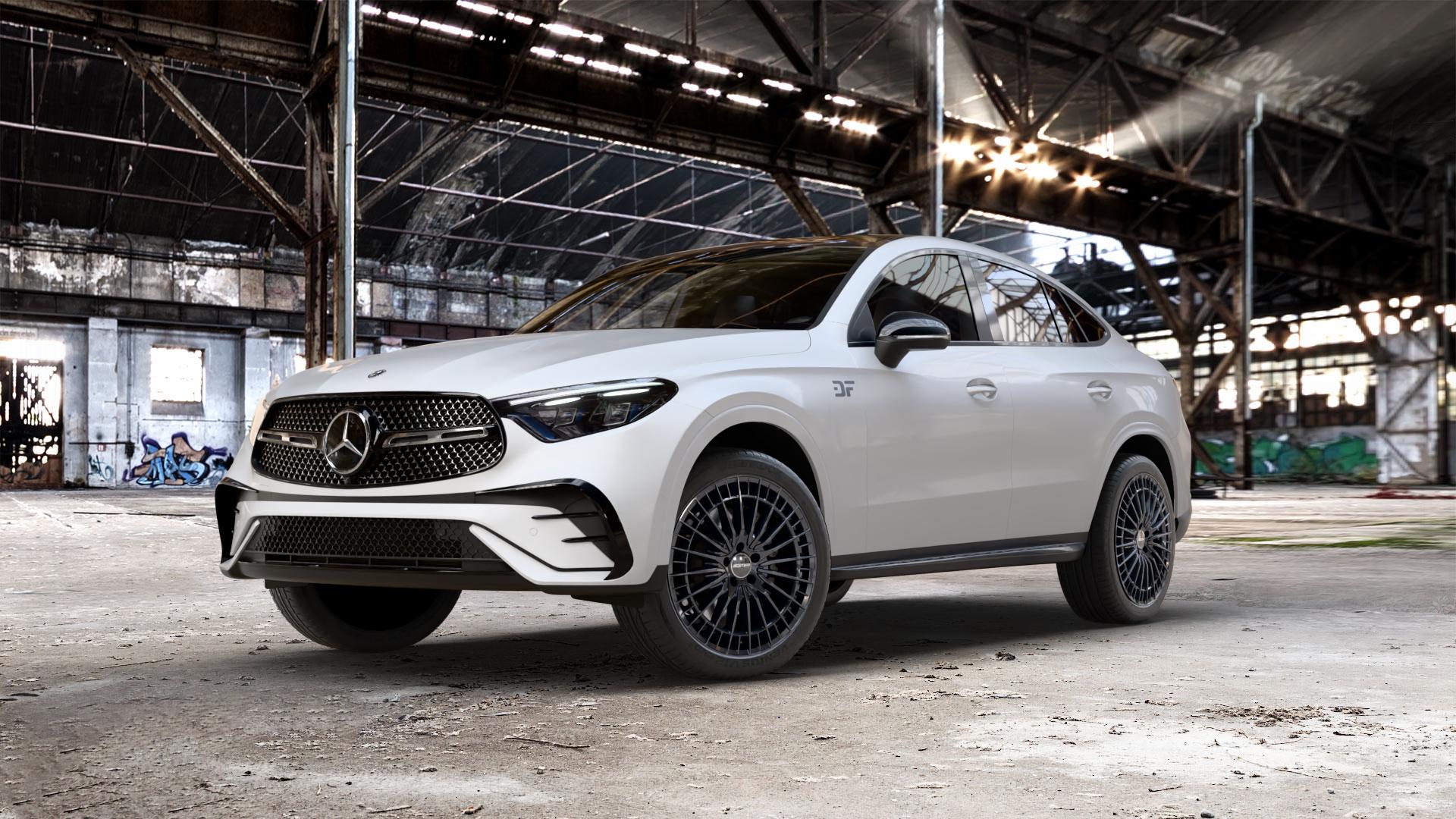 GMP Italia QSTAR Black glossy Felge mit Reifen schwarz in 20Zoll Winterfelge Alufelge auf weissem Mercedes GLC-Klasse Coupe Typ C254 ⬇️ mit 15mm Tieferlegung ⬇️ Old Industrial Hall_max_5300mm_2024 Frontansicht_1