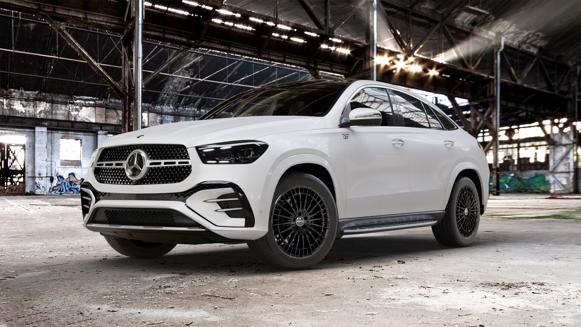GMP Italia QSTAR Black glossy Felge mit Reifen schwarz in 20Zoll Winterfelge Alufelge auf weissem Mercedes GLE-Klasse Coupe Typ V167 (H1GLE) Facelift ⬇️ mit 15mm Tieferlegung ⬇️ Old Industrial Hall_max_5300mm_2024 Frontansicht_1