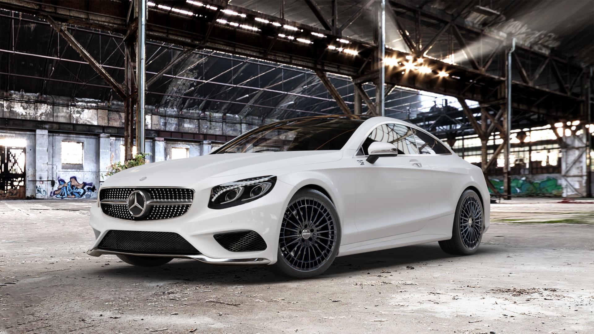 GMP Italia QSTAR Black glossy Felge mit Reifen schwarz in 20Zoll Winterfelge Alufelge auf weissem Mercedes S-Klasse Typ C217 Facelift Coupe ⬇️ mit 15mm Tieferlegung ⬇️ Old Industrial Hall_max_5300mm_2024 Frontansicht_1