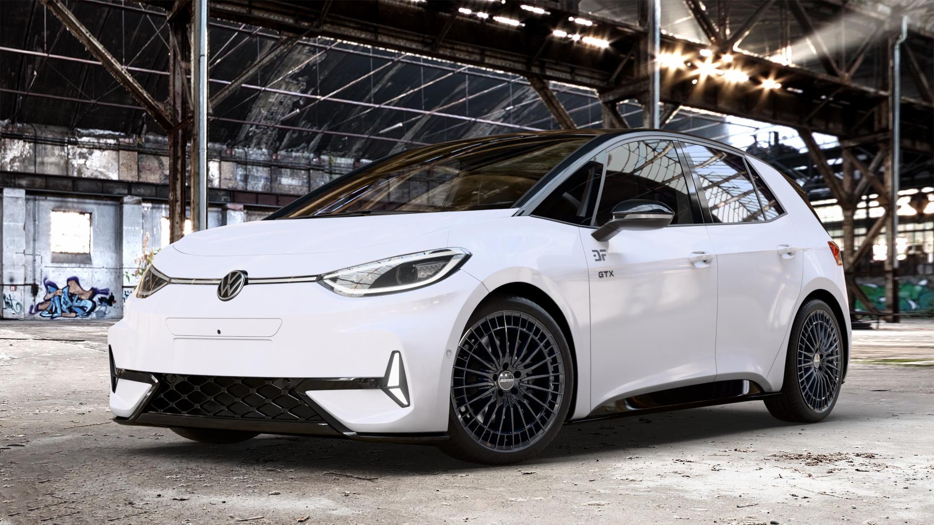 GMP Italia QSTAR Black glossy Felge mit Reifen schwarz in 20Zoll Winterfelge Alufelge auf weissem Volkswagen (VW) ID.3 GTX 0,0l 89kW (210 KW) (121 PS) Performance (240 ⬇️ mit 15mm Tieferlegung ⬇️ Old Industrial Hall_max_4400mm_2024 Frontansicht_1