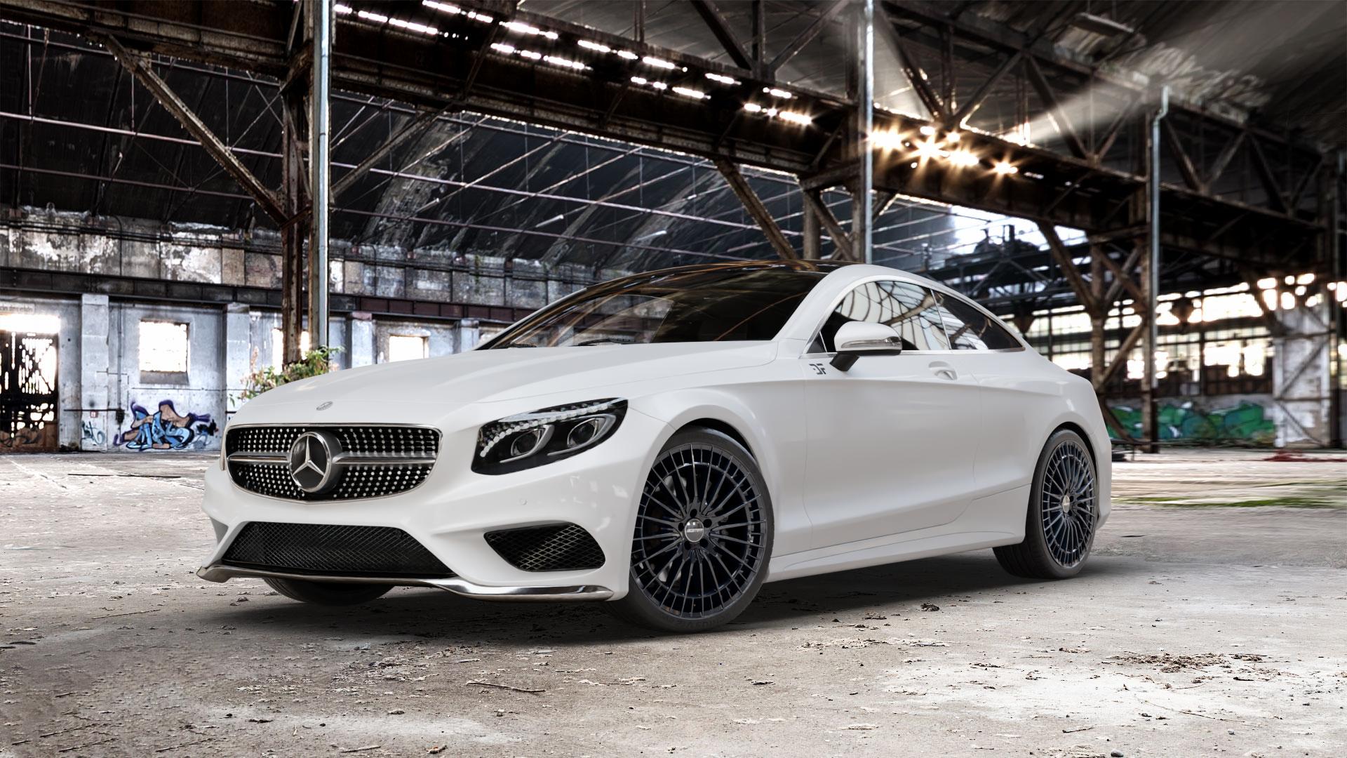 GMP Italia QSTAR Black glossy Felge mit Reifen schwarz in 21Zoll Winterfelge Alufelge auf weissem Mercedes S-Klasse Typ C217 Facelift Coupe ⬇️ mit 15mm Tieferlegung ⬇️ Old Industrial Hall_max_5300mm_2024 Frontansicht_1