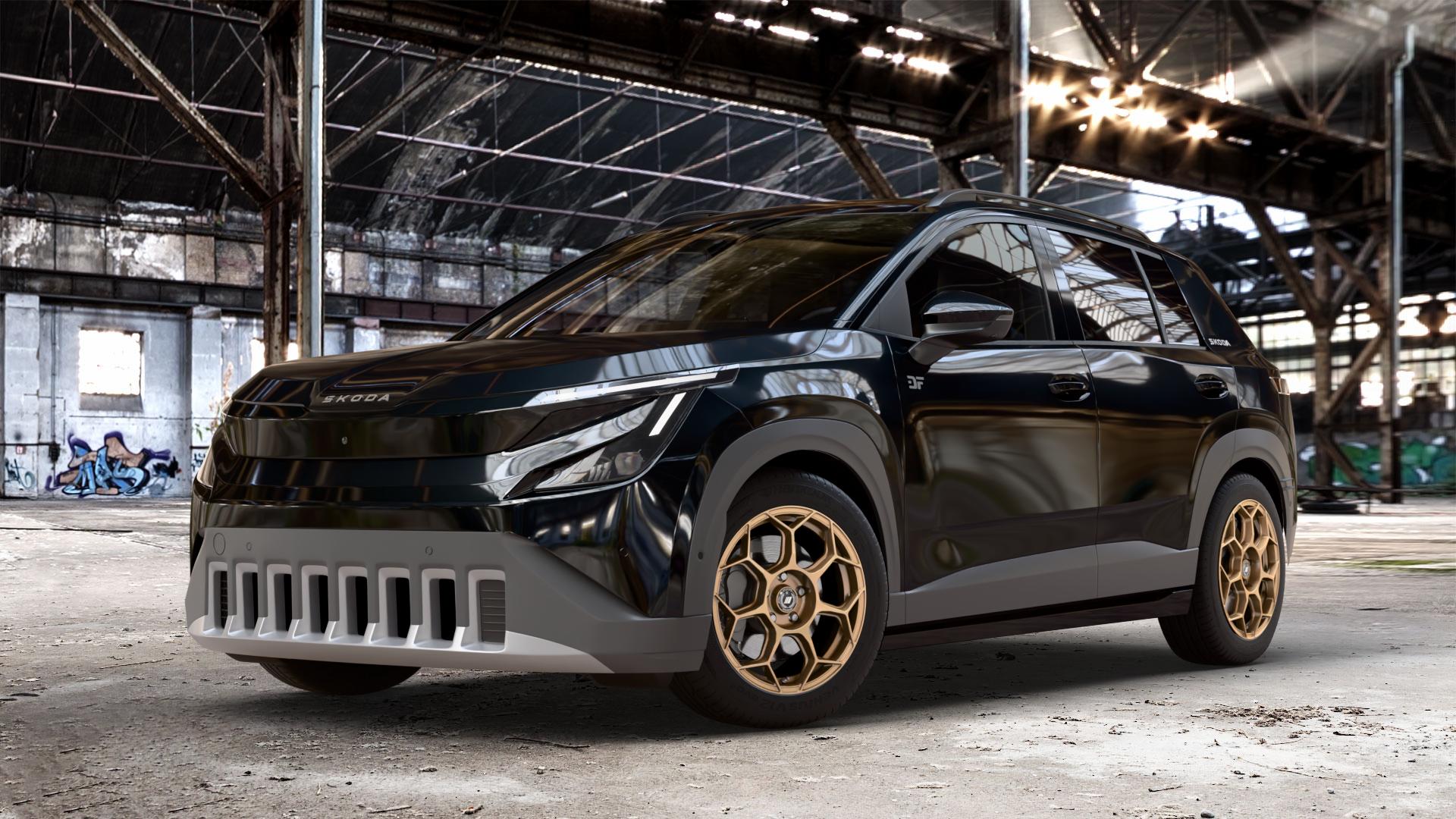 GMP Italia Raceway Oro Corsa Felge mit Reifen gold in 17Zoll Winterfelge Alufelge auf metallic schwarzem Skoda Epiq Typ PX ⬇️ mit 15mm Tieferlegung ⬇️ Old Industrial Hall_max_4400mm_2024 Frontansicht_1