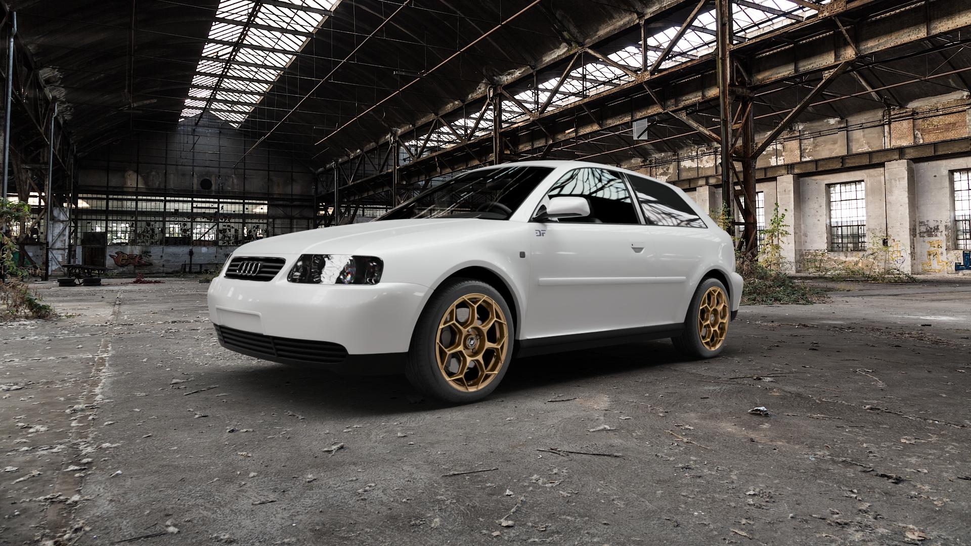 GMP Italia Raceway Oro Corsa Felge mit Reifen gold in 17Zoll Winterfelge Alufelge auf weissem Audi A3 Typ 8L ⬇️ mit 15mm Tieferlegung ⬇️ Old Industrial Hall_max5000mm_2022 Frontansicht_1