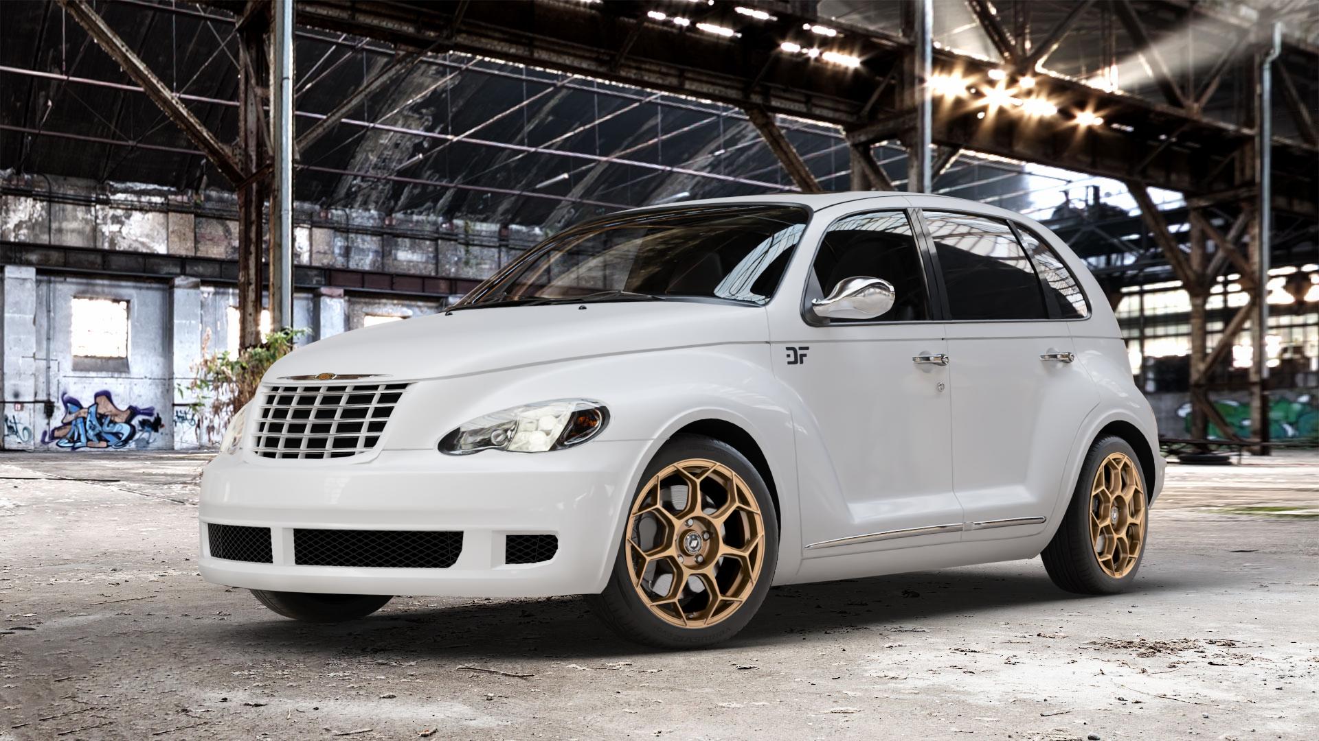 GMP Italia Raceway Oro Corsa Felge mit Reifen gold in 17Zoll Winterfelge Alufelge auf weissem Chrysler PT Cruiser Cabriolet ⬇️ mit 15mm Tieferlegung ⬇️ Old Industrial Hall_max_4400mm_2024 Frontansicht_1