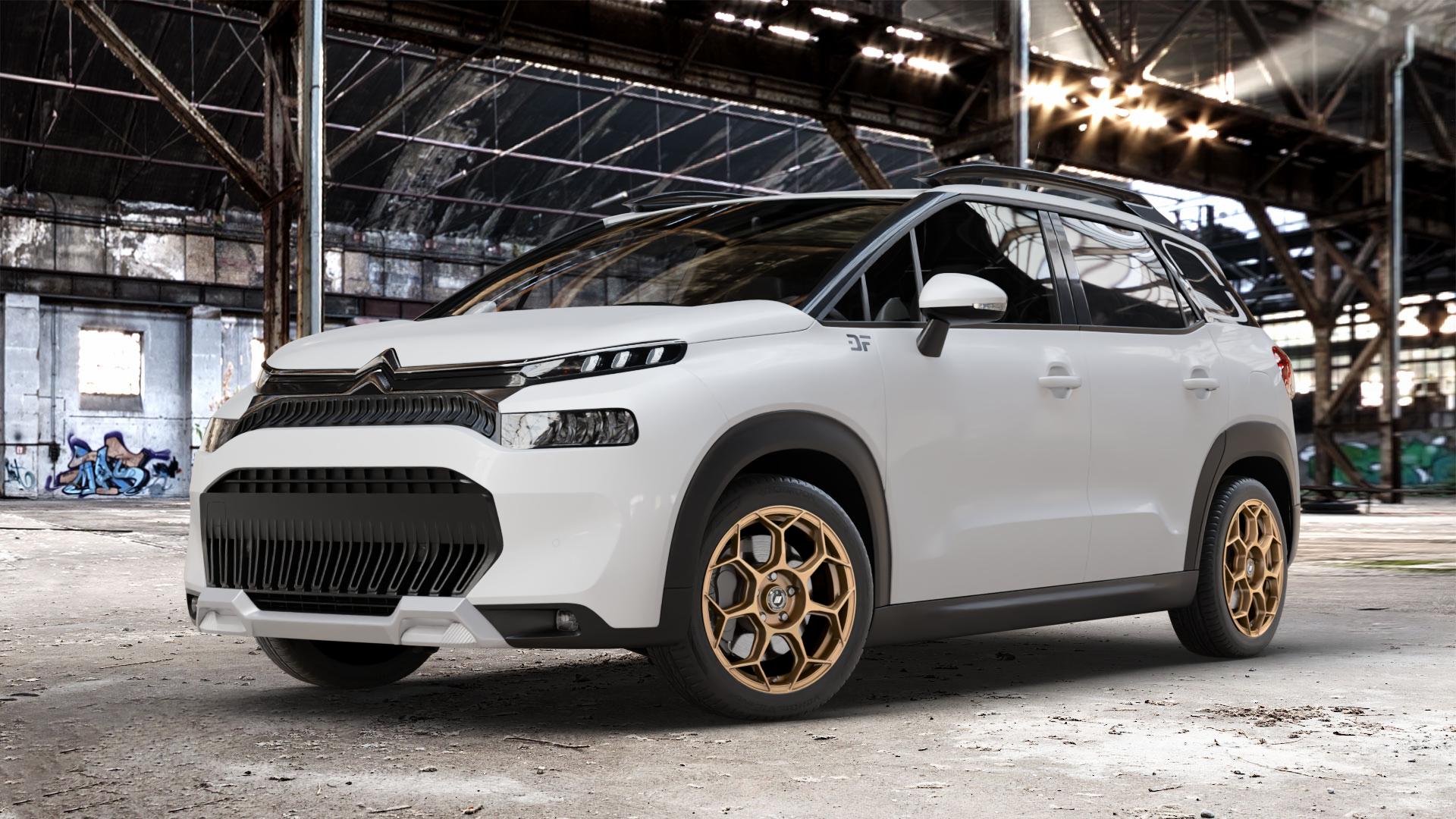 GMP Italia Raceway Oro Corsa Felge mit Reifen gold in 17Zoll Winterfelge Alufelge auf weissem Citroen C3 Aircross Typ 2 Facelift ⬇️ mit 15mm Tieferlegung ⬇️ Old Industrial Hall_max_4400mm_2024 Frontansicht_1