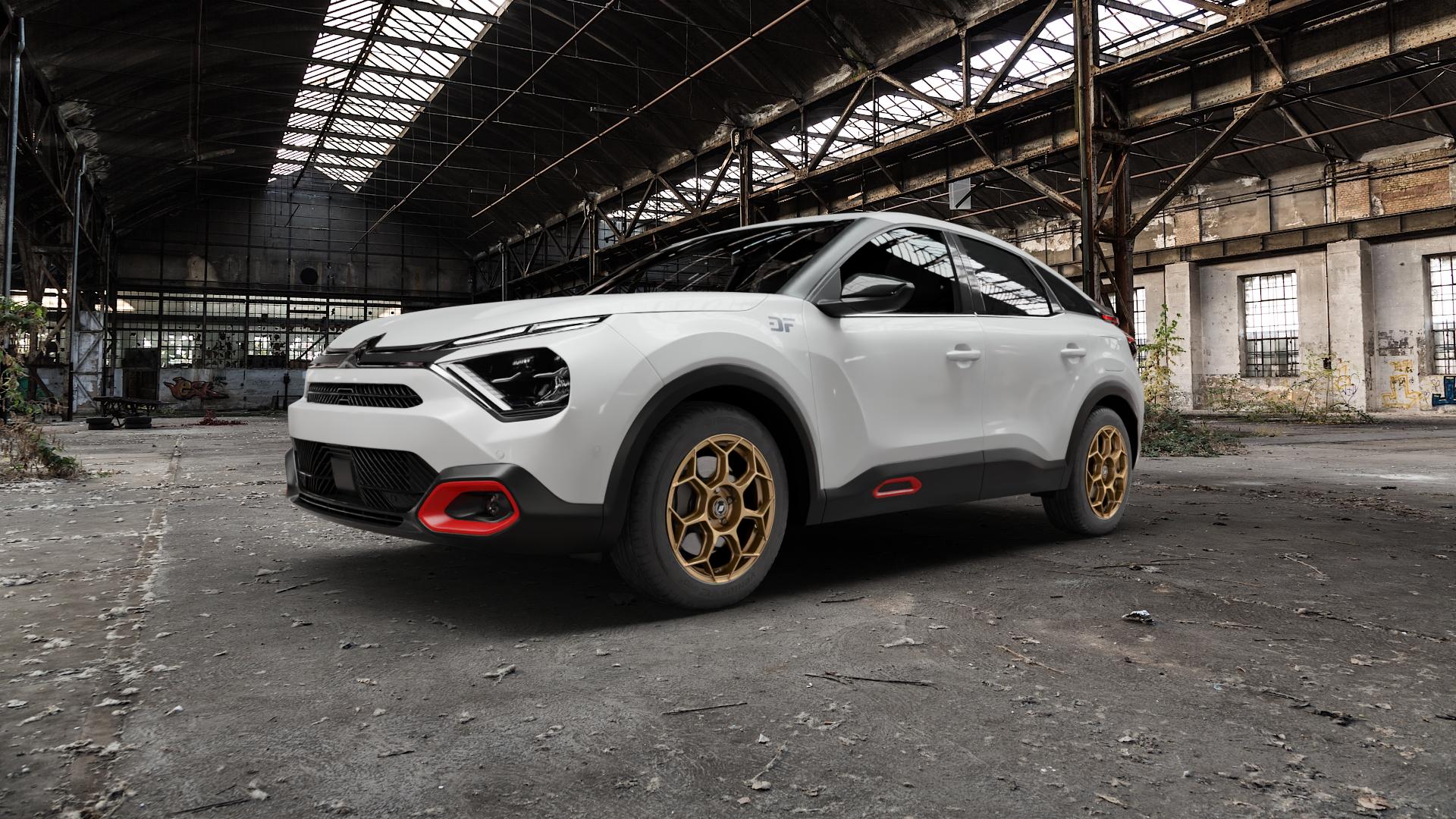 GMP Italia Raceway Oro Corsa Felge mit Reifen gold in 17Zoll Winterfelge Alufelge auf weissem Citroen C4 Typ B 1,5l BlueHDi 130 96kW (131 PS) 1,2l PureTech 100 74kW (101 155 114kW (155 110 81kW (110 ⬇️ mit 15mm Tieferlegung ⬇️ Old Industrial Hall_max5000mm_2022 Frontansicht_1
