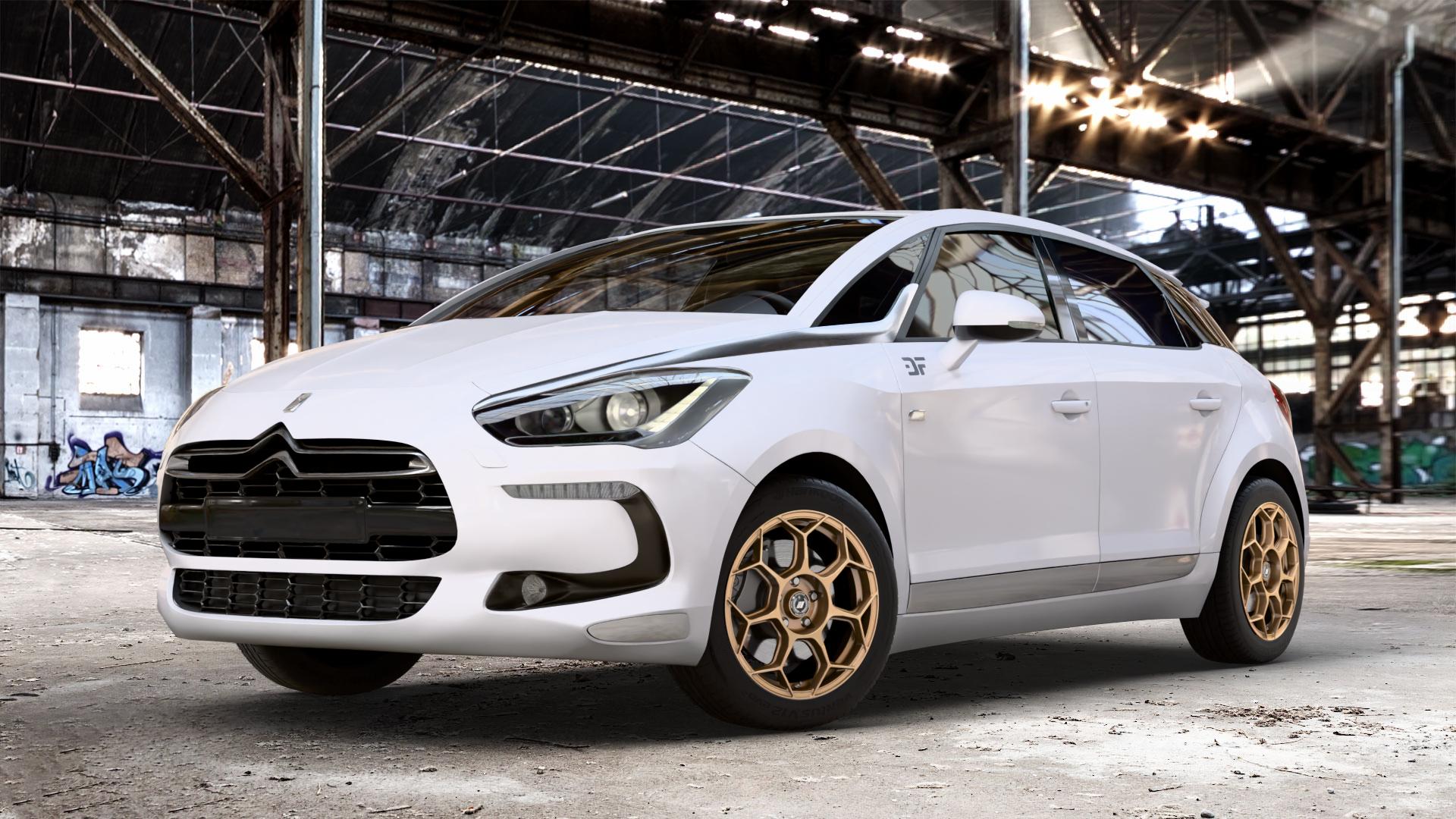 GMP Italia Raceway Oro Corsa Felge mit Reifen gold in 17Zoll Winterfelge Alufelge auf weissem Citroen DS5 Typ K DS Automobiles ⬇️ mit 15mm Tieferlegung ⬇️ Old Industrial Hall_max_4400mm_2024 Frontansicht_1