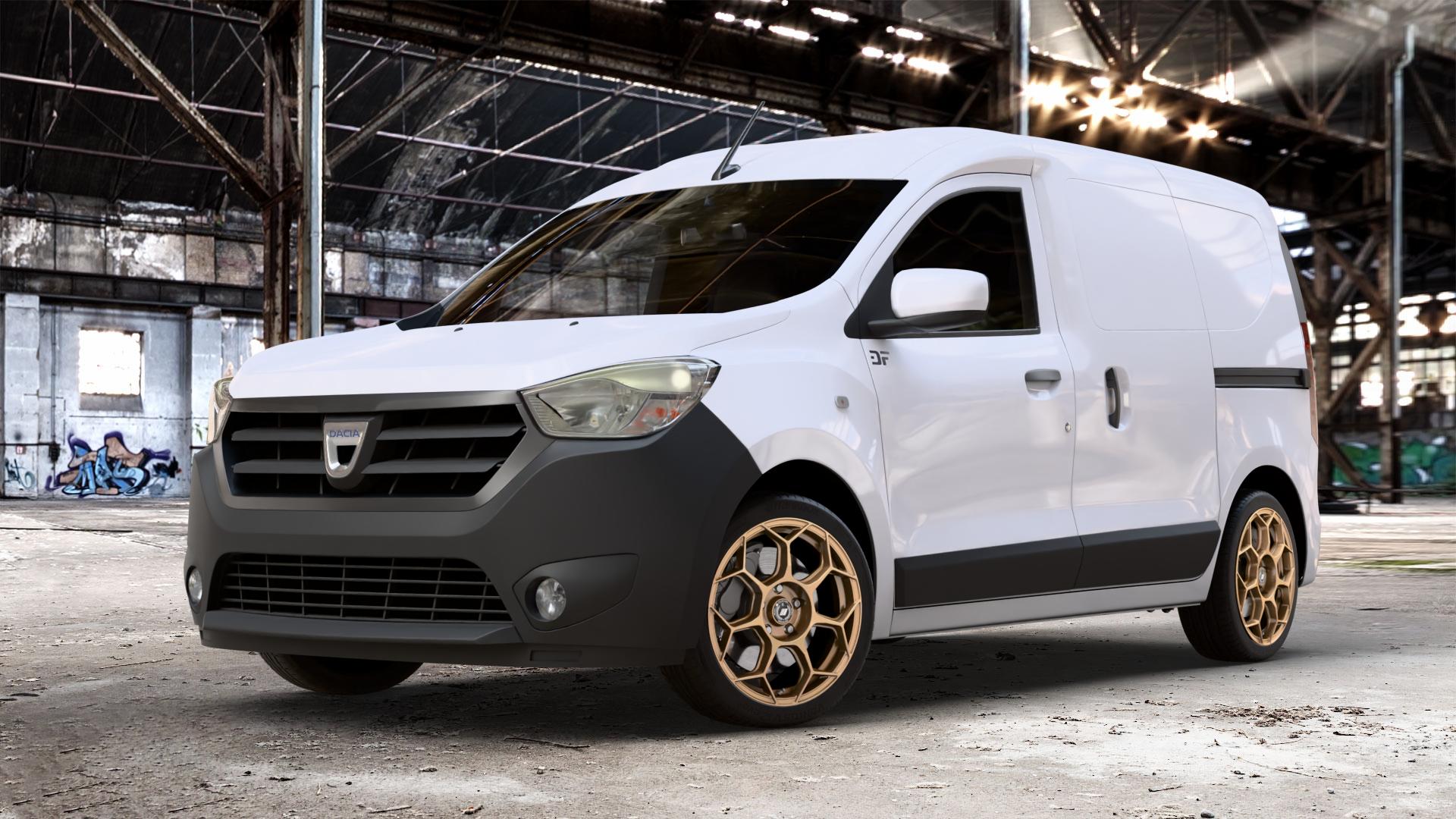 GMP Italia Raceway Oro Corsa Felge mit Reifen gold in 17Zoll Winterfelge Alufelge auf weissem Dacia Dokker Express Typ SD 1,2l 16V 84kW (114 PS) 1,5l dCi 55kW (75 66kW (90 1,6l MPI 61kW (83 LPG ⬇️ mit 15mm Tieferlegung ⬇️ Old Industrial Hall_max_4400mm_2024 Frontansicht_1