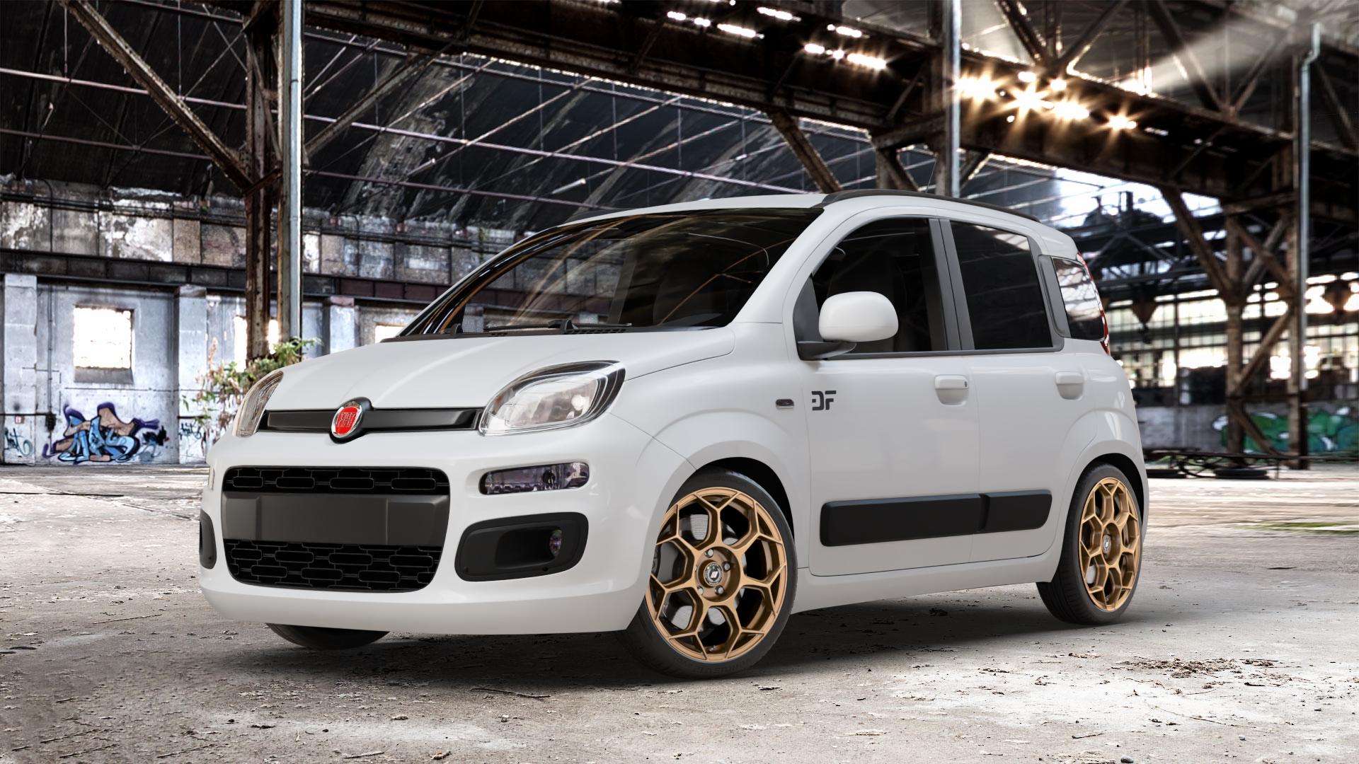 GMP Italia Raceway Oro Corsa Felge mit Reifen gold in 17Zoll Winterfelge Alufelge auf weissem Fiat Panda Typ 312 4x4 ⬇️ mit 15mm Tieferlegung ⬇️ Old Industrial Hall_max_4400mm_2024 Frontansicht_1