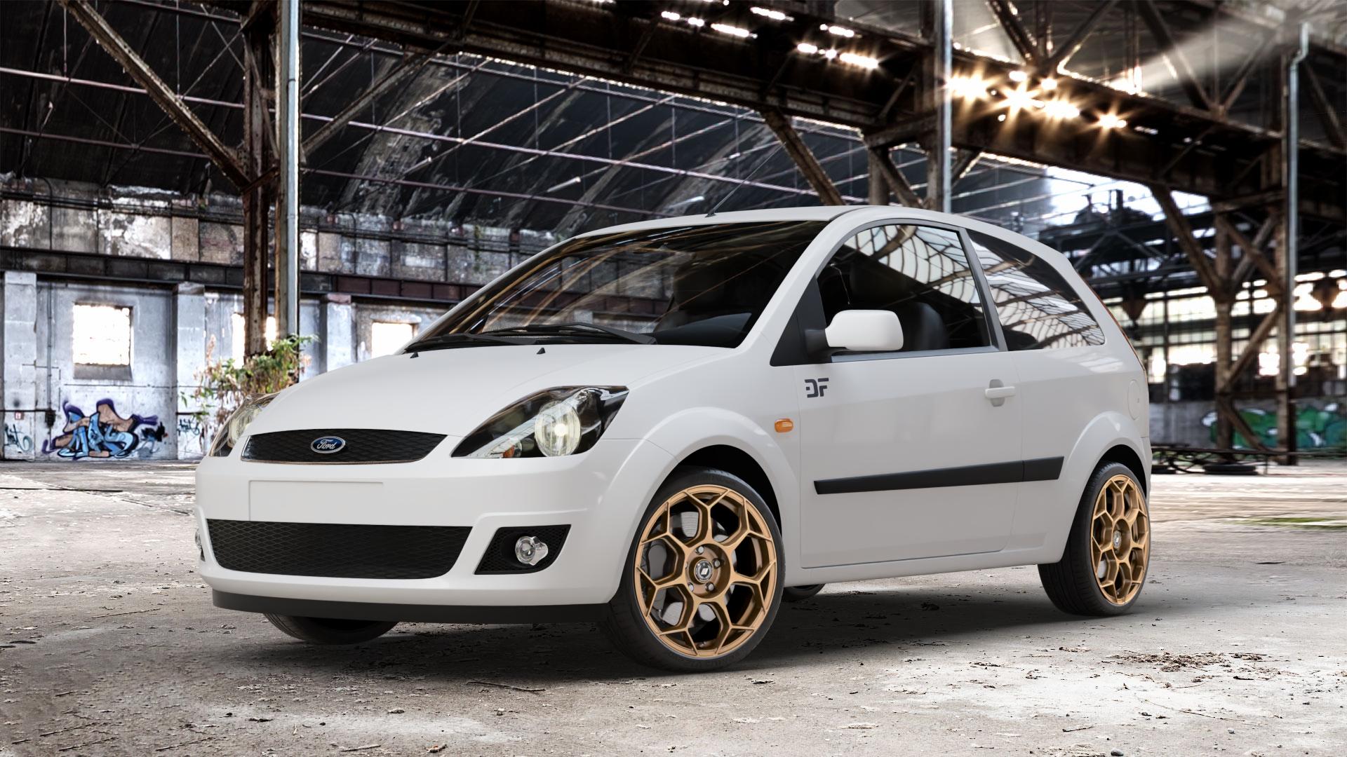 GMP Italia Raceway Oro Corsa Felge mit Reifen gold in 17Zoll Winterfelge Alufelge auf weissem Ford Fiesta V Typ JH1/JD3 ⬇️ mit 15mm Tieferlegung ⬇️ Old Industrial Hall_max_4400mm_2024 Frontansicht_1