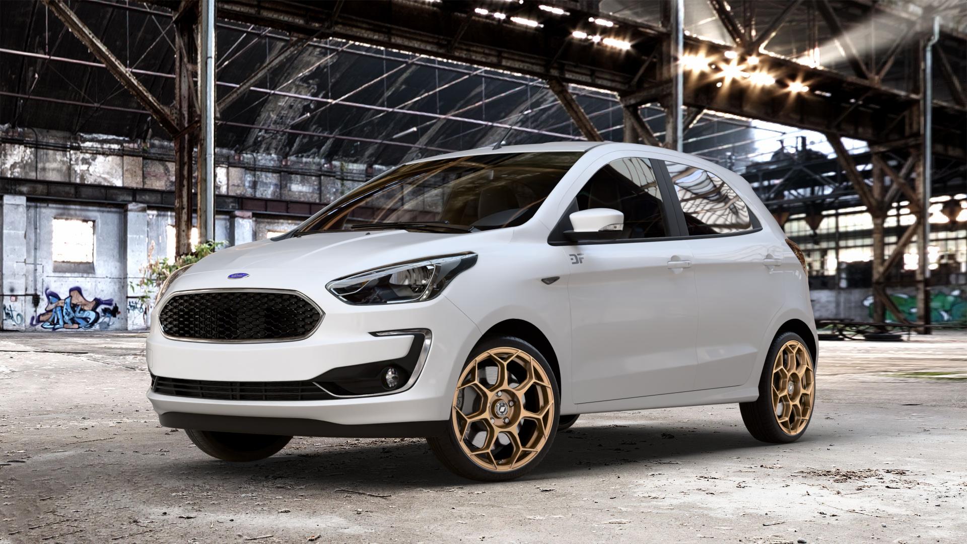 GMP Italia Raceway Oro Corsa Felge mit Reifen gold in 17Zoll Winterfelge Alufelge auf weissem Ford KA+ Typ KAF ACTIVE Facelift KA ⬇️ mit 15mm Tieferlegung ⬇️ Old Industrial Hall_max_4400mm_2024 Frontansicht_1