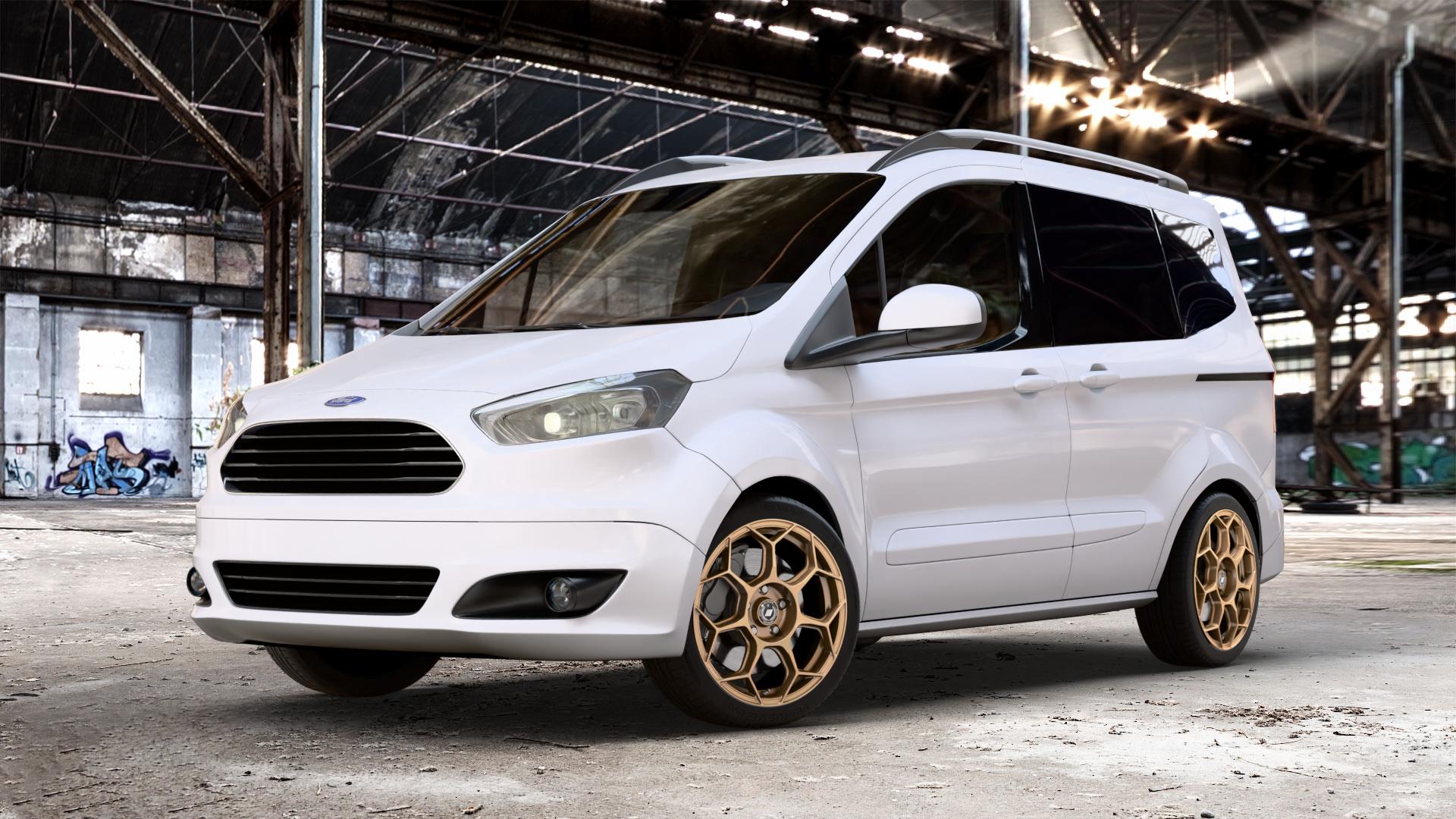 GMP Italia Raceway Oro Corsa Felge mit Reifen gold in 17Zoll Winterfelge Alufelge auf weissem Ford Tourneo Courier Typ JU2 (14->) N1P ⬇️ mit 15mm Tieferlegung ⬇️ Old Industrial Hall_max_4400mm_2024 Frontansicht_1