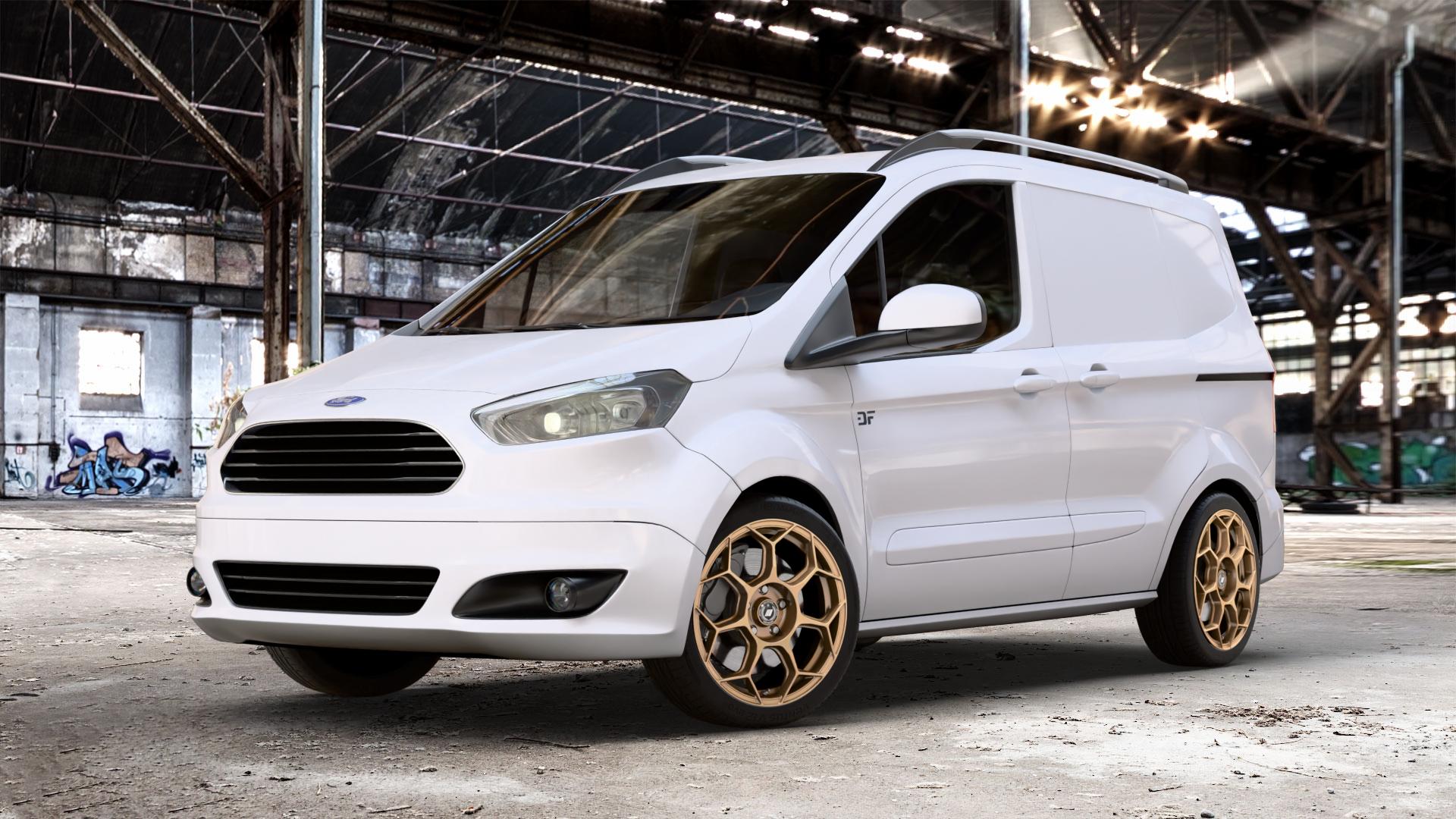 GMP Italia Raceway Oro Corsa Felge mit Reifen gold in 17Zoll Winterfelge Alufelge auf weissem Ford Transit Courier Typ JN8 (14->) JU2 ⬇️ mit 15mm Tieferlegung ⬇️ Old Industrial Hall_max_4400mm_2024 Frontansicht_1