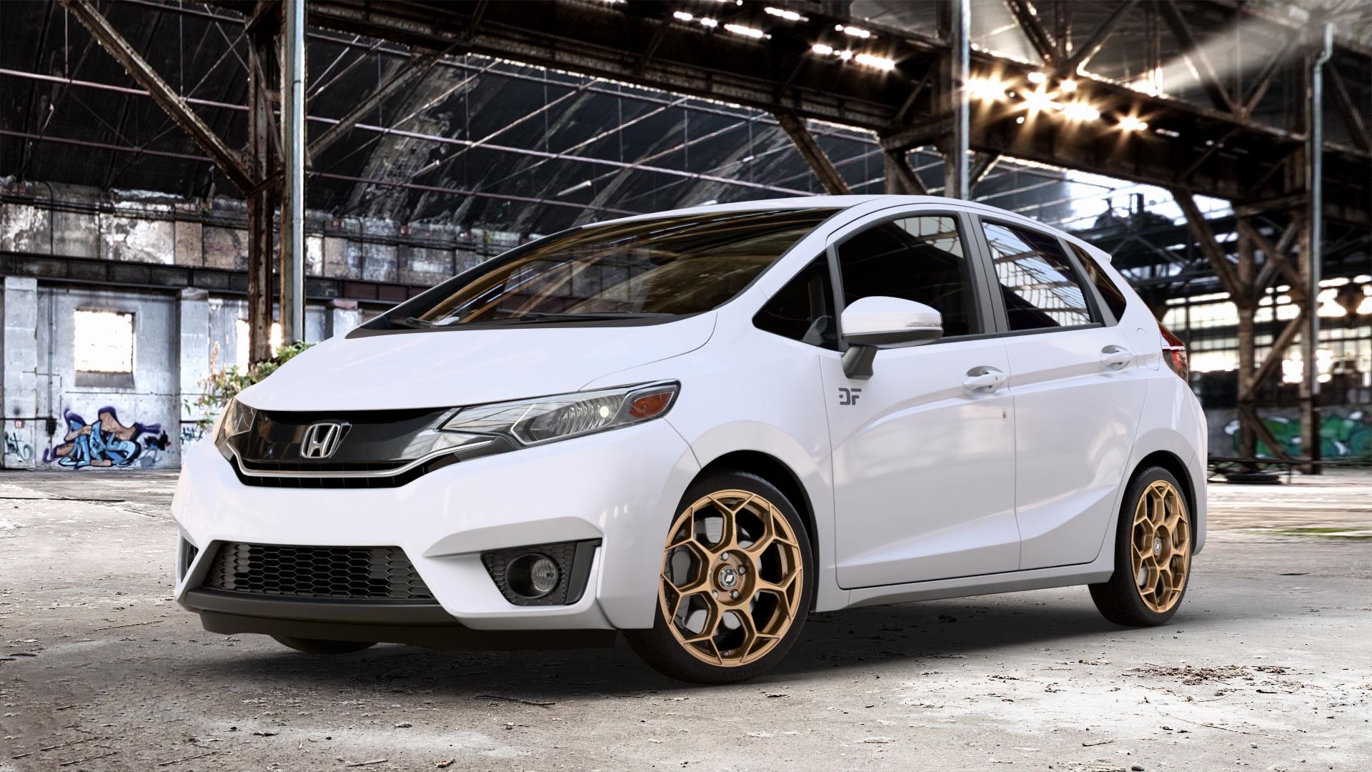 GMP Italia Raceway Oro Corsa Felge mit Reifen gold in 17Zoll Winterfelge Alufelge auf weissem Honda Jazz IV (GK) ⬇️ mit 15mm Tieferlegung ⬇️ Old Industrial Hall_max_4400mm_2024 Frontansicht_1