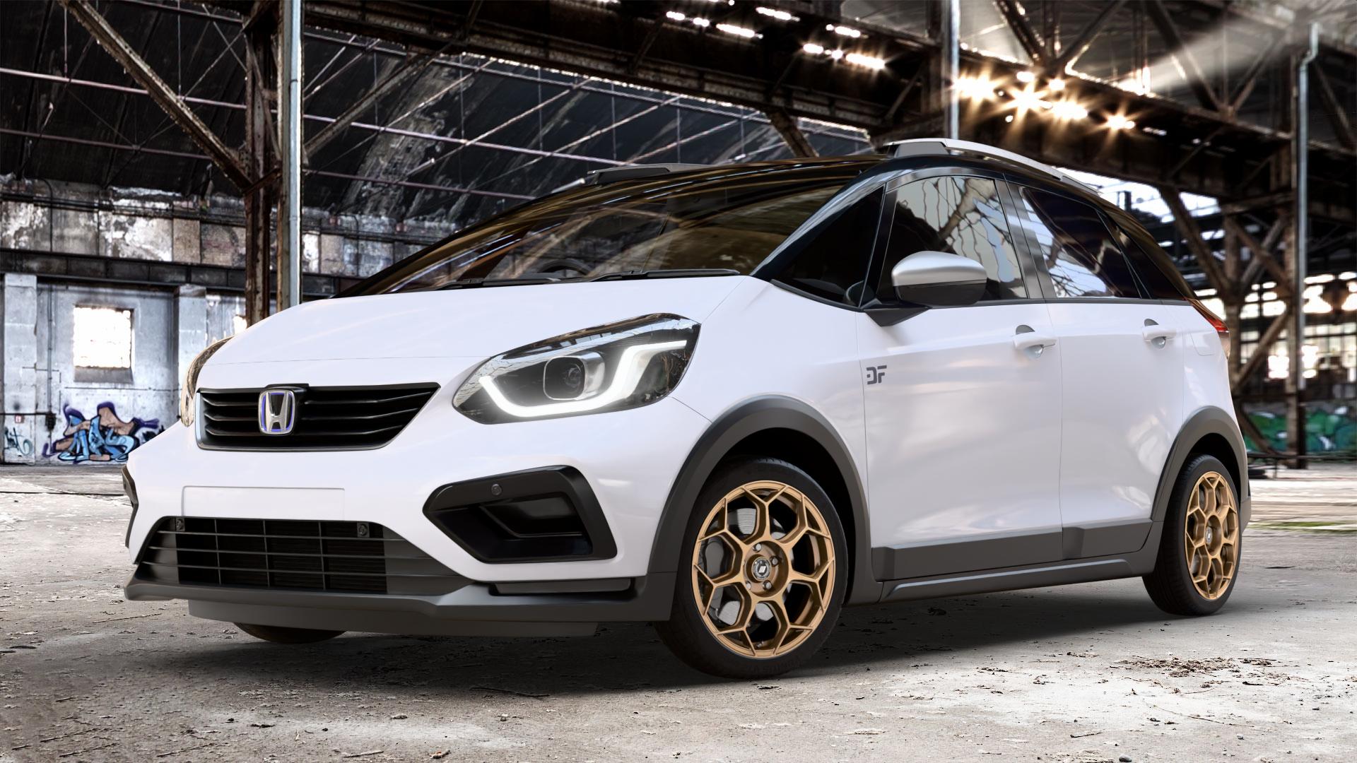 GMP Italia Raceway Oro Corsa Felge mit Reifen gold in 17Zoll Winterfelge Alufelge auf weissem Honda Jazz V Crosstar (GR) Facelift ⬇️ mit 15mm Tieferlegung ⬇️ Old Industrial Hall_max_4400mm_2024 Frontansicht_1