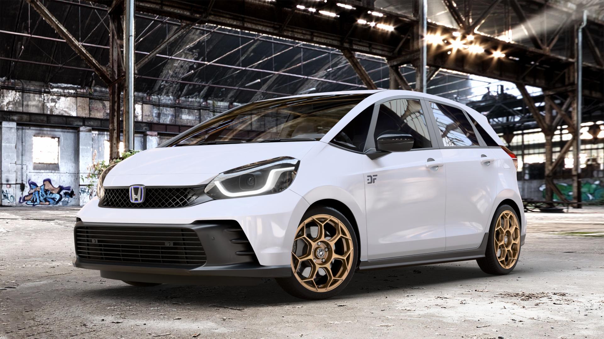 GMP Italia Raceway Oro Corsa Felge mit Reifen gold in 17Zoll Winterfelge Alufelge auf weissem Honda Jazz V (GR) Facelift 1,5l e:HEV 79kW Mild-Hybrid (107 PS) ⬇️ mit 15mm Tieferlegung ⬇️ Old Industrial Hall_max_4400mm_2024 Frontansicht_1
