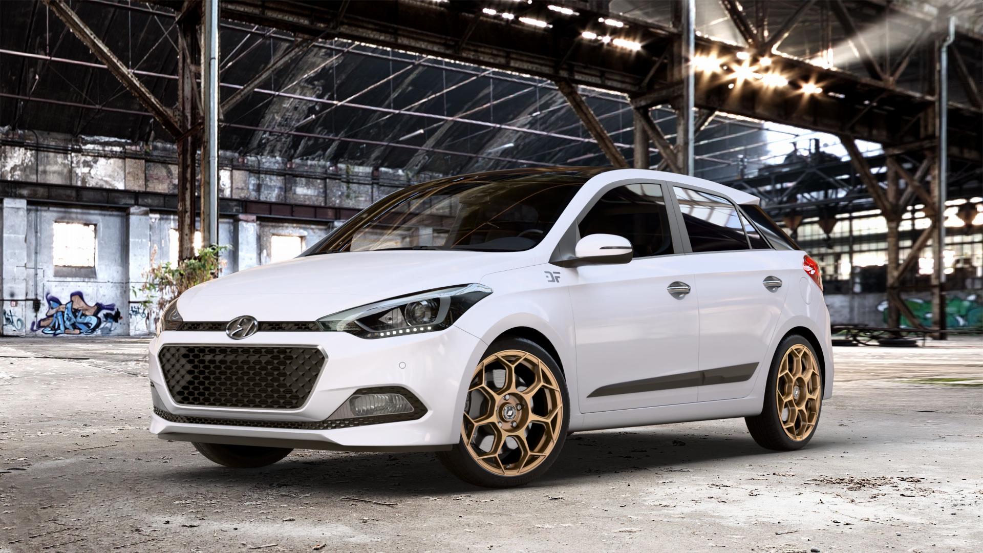 GMP Italia Raceway Oro Corsa Felge mit Reifen gold in 17Zoll Winterfelge Alufelge auf weissem Hyundai i20 Typ GB Coupe Facelift ⬇️ mit 15mm Tieferlegung ⬇️ Old Industrial Hall_max_4400mm_2024 Frontansicht_1
