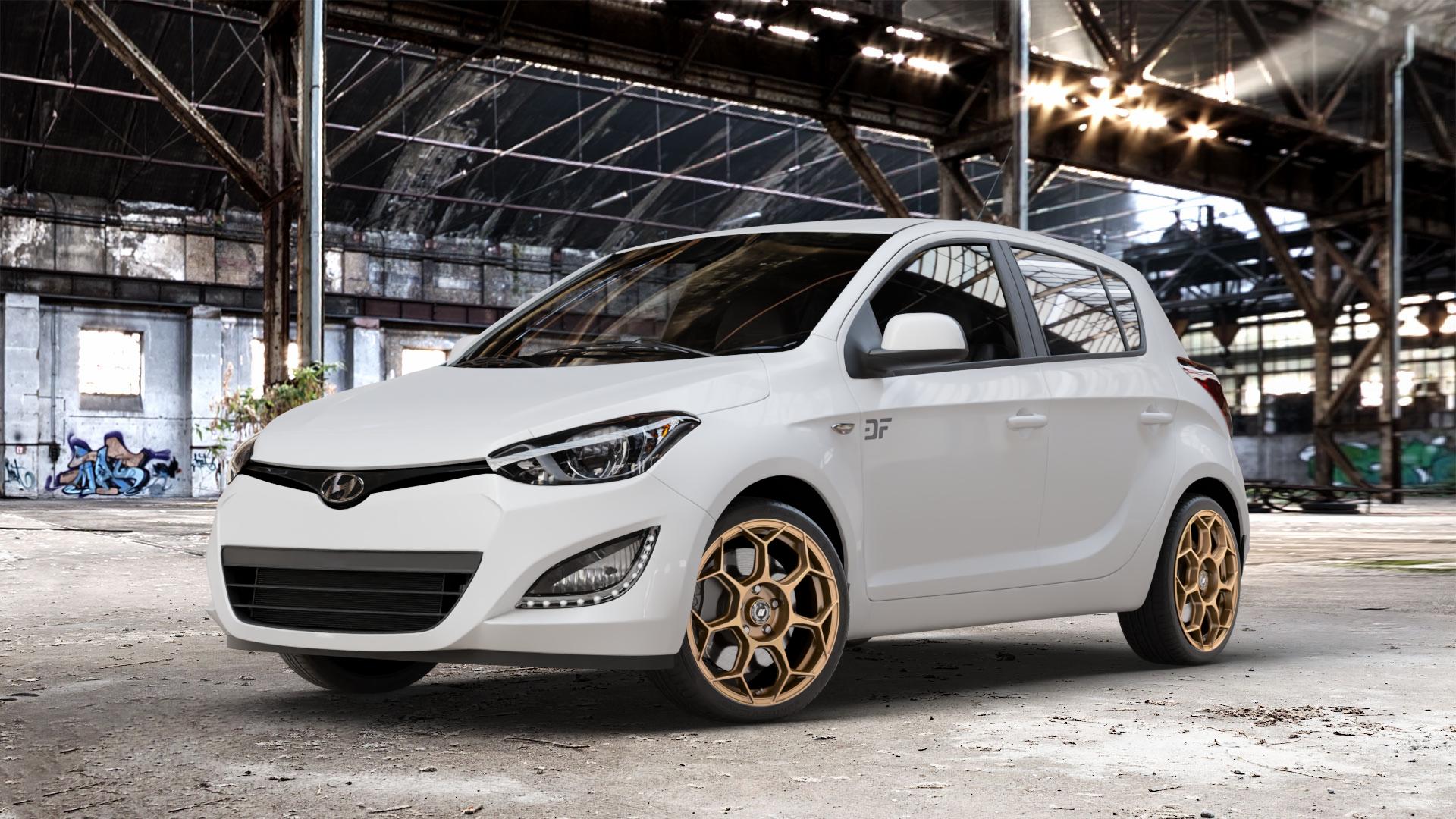 GMP Italia Raceway Oro Corsa Felge mit Reifen gold in 17Zoll Winterfelge Alufelge auf weissem Hyundai i20 Typ PB, PBT Facelift (12->) ⬇️ mit 15mm Tieferlegung ⬇️ Old Industrial Hall_max_4400mm_2024 Frontansicht_1