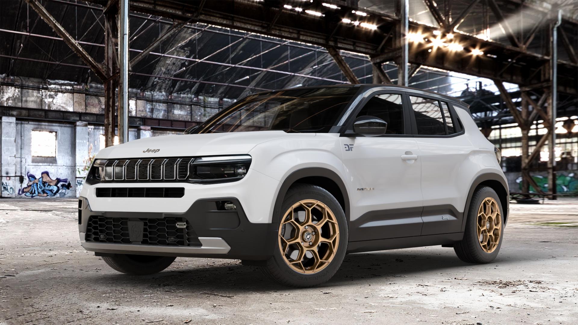 GMP Italia Raceway Oro Corsa Felge mit Reifen gold in 17Zoll Winterfelge Alufelge auf weissem Jeep Avenger Typ FH1 ⬇️ mit 15mm Tieferlegung ⬇️ Old Industrial Hall_max_4400mm_2024 Frontansicht_1