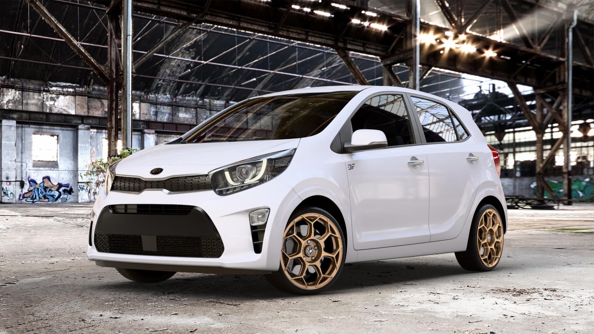 GMP Italia Raceway Oro Corsa Felge mit Reifen gold in 17Zoll Winterfelge Alufelge auf weissem Kia Picanto III Typ JA ⬇️ mit 15mm Tieferlegung ⬇️ Old Industrial Hall_max_4400mm_2024 Frontansicht_1
