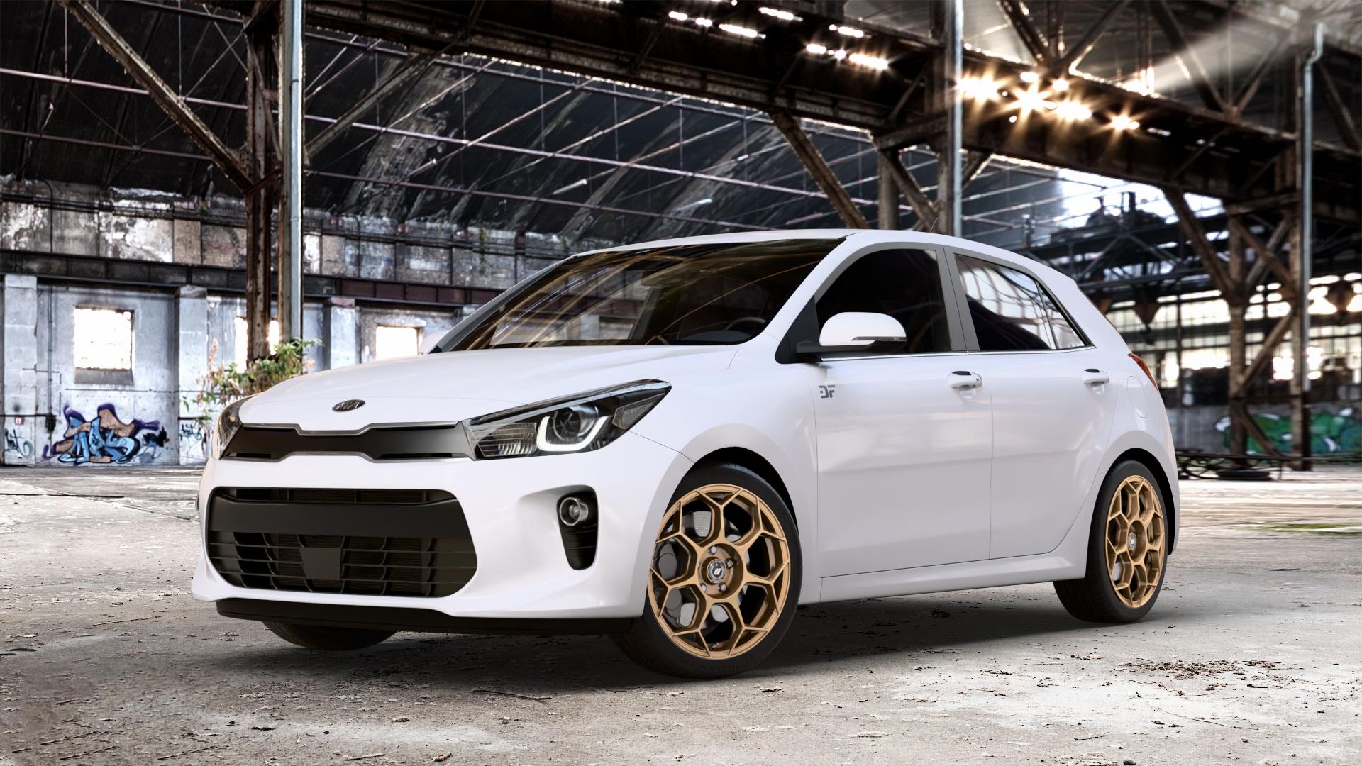 GMP Italia Raceway Oro Corsa Felge mit Reifen gold in 17Zoll Winterfelge Alufelge auf weissem Kia Rio IV Typ YB Facelift ⬇️ mit 15mm Tieferlegung ⬇️ Old Industrial Hall_max_4400mm_2024 Frontansicht_1
