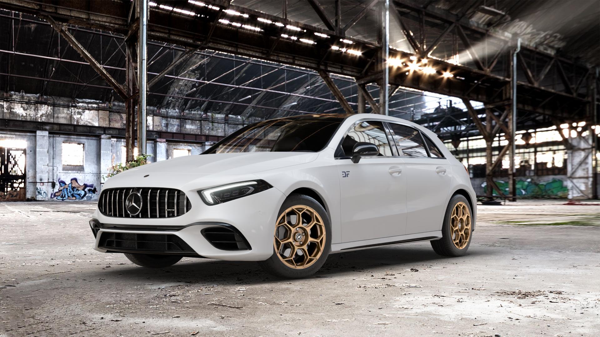 GMP Italia Raceway Oro Corsa Felge mit Reifen gold in 17Zoll Winterfelge Alufelge auf weissem Mercedes A-Klasse IV Typ 177 (F2A) Schrägheck 2,0l AMG A 35 4Matic 225kW (306 PS) 45 285kW (387 S 310kW (421 Facelift Mild-Hybrid ⬇️ mit 15mm Tieferlegung ⬇️ Old Industrial Hall_max_5300mm_2024 Frontansicht_1