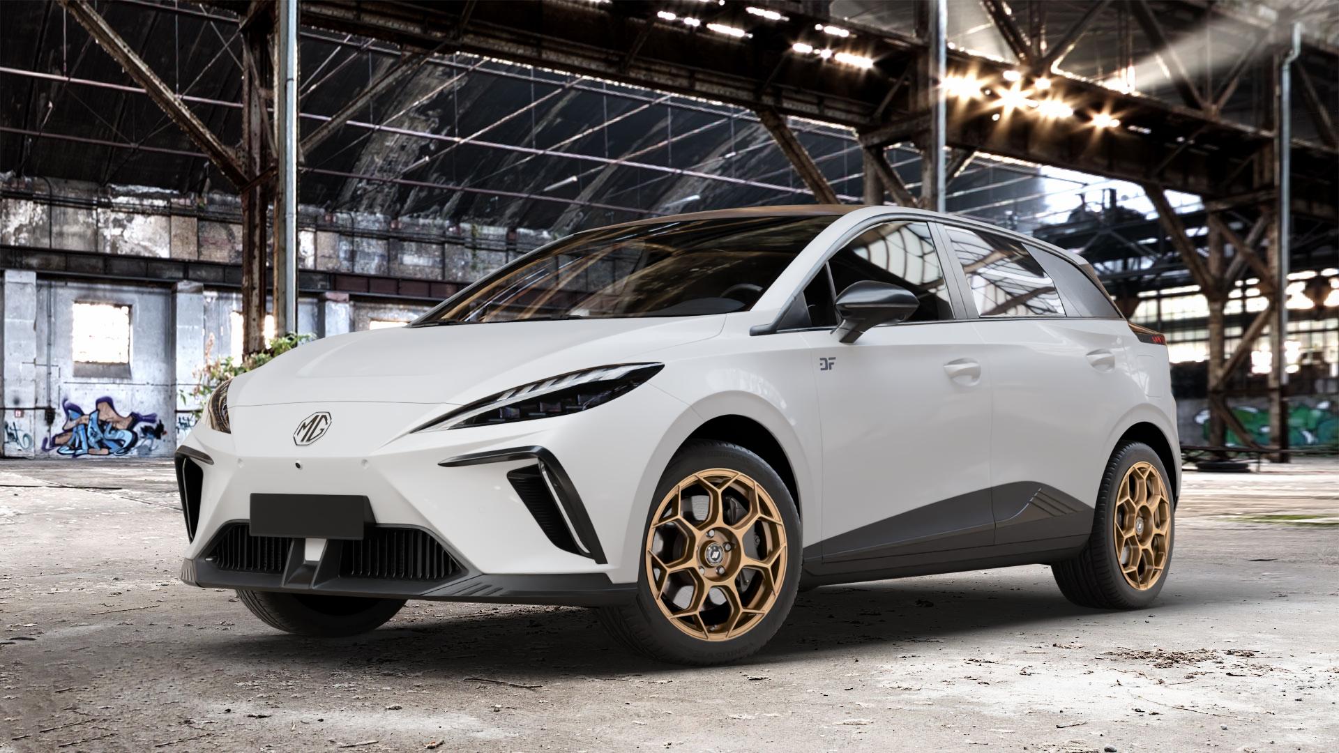 GMP Italia Raceway Oro Corsa Felge mit Reifen gold in 17Zoll Winterfelge Alufelge auf weissem MG MG4 Typ SEH3 ⬇️ mit 15mm Tieferlegung ⬇️ Old Industrial Hall_max_4400mm_2024 Frontansicht_1