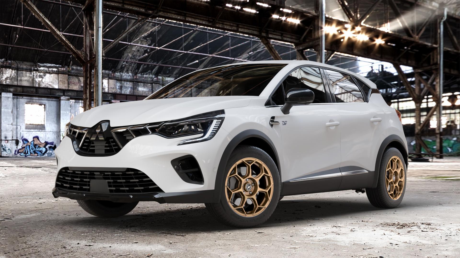 GMP Italia Raceway Oro Corsa Felge mit Reifen gold in 17Zoll Winterfelge Alufelge auf weissem Mitsubishi ASX Typ RJB ⬇️ mit 15mm Tieferlegung ⬇️ Old Industrial Hall_max_4400mm_2024 Frontansicht_1