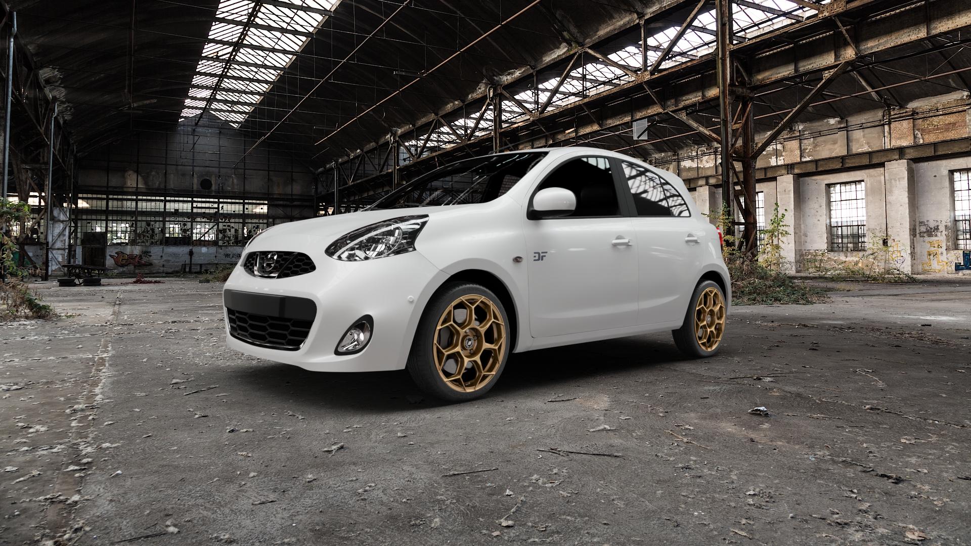 GMP Italia Raceway Oro Corsa Felge mit Reifen gold in 17Zoll Winterfelge Alufelge auf weissem Nissan Micra Typ K13 ⬇️ mit 15mm Tieferlegung ⬇️ Old Industrial Hall_max5000mm_2022 Frontansicht_1